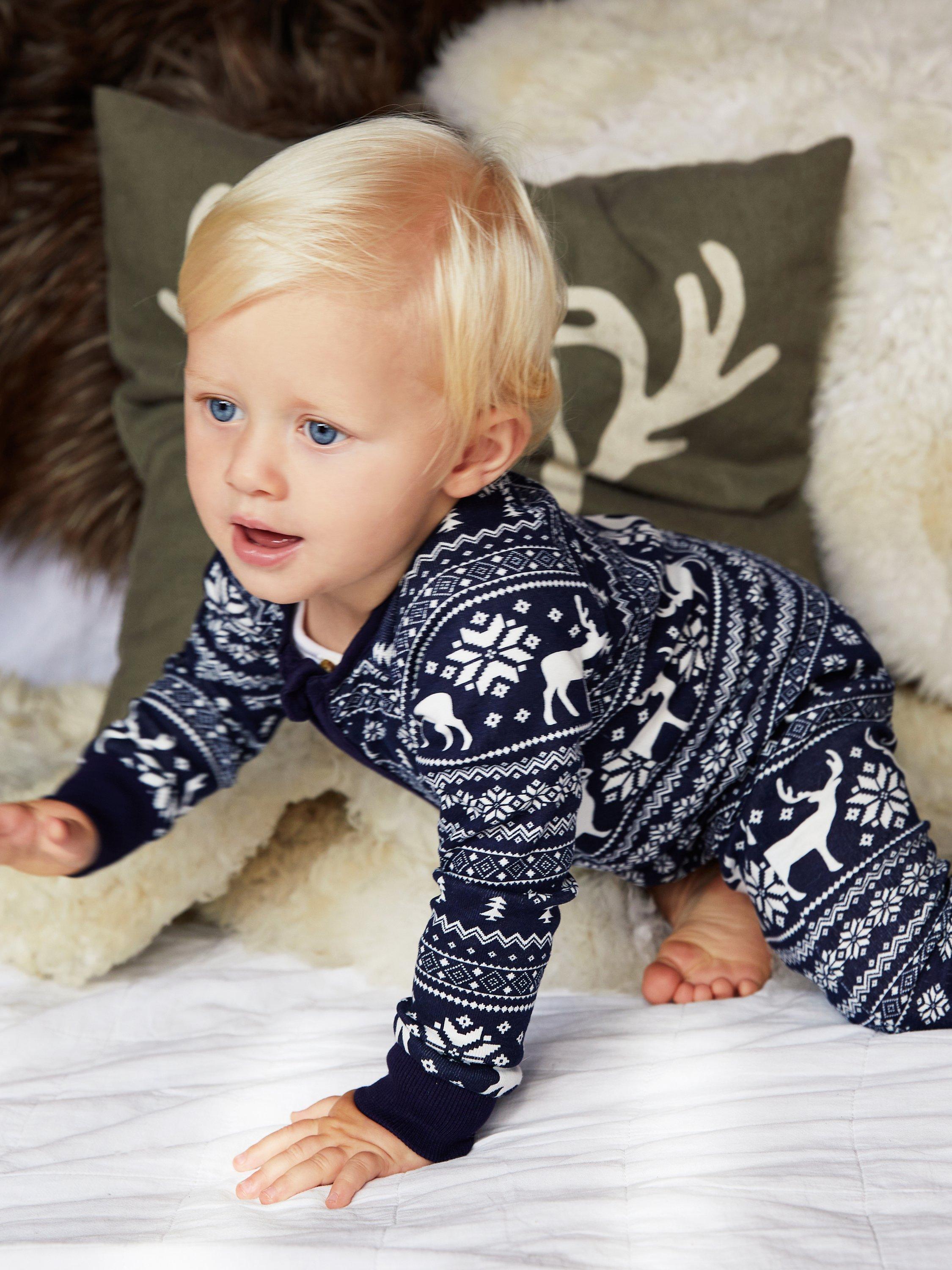 Product image 6 of 8, which shows The Little Tailor Baby Christmas Fairisle Sleepsuit, Navy, 0-3 months