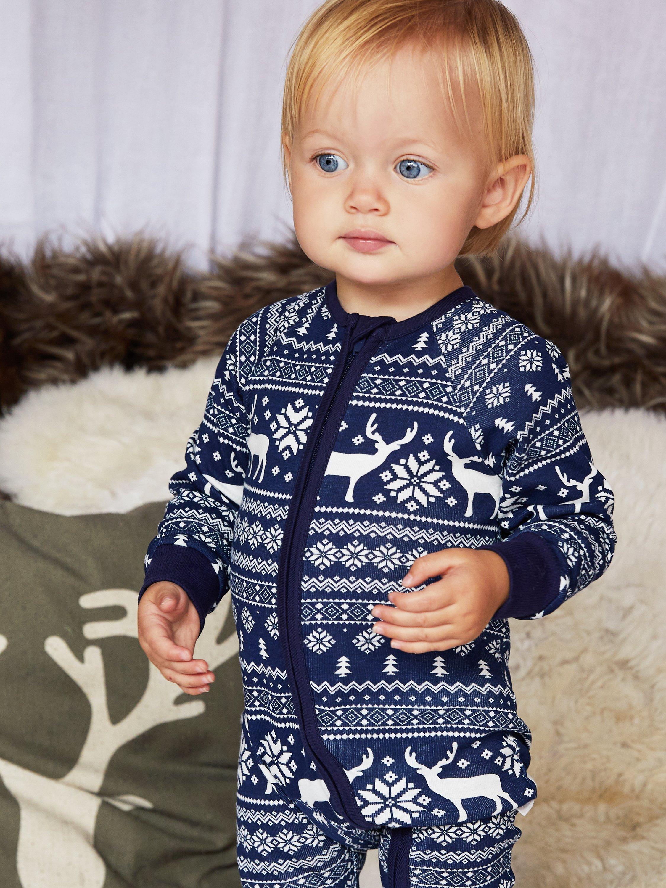 Product image 7 of 8, which shows The Little Tailor Baby Christmas Fairisle Sleepsuit, Navy, 0-3 months