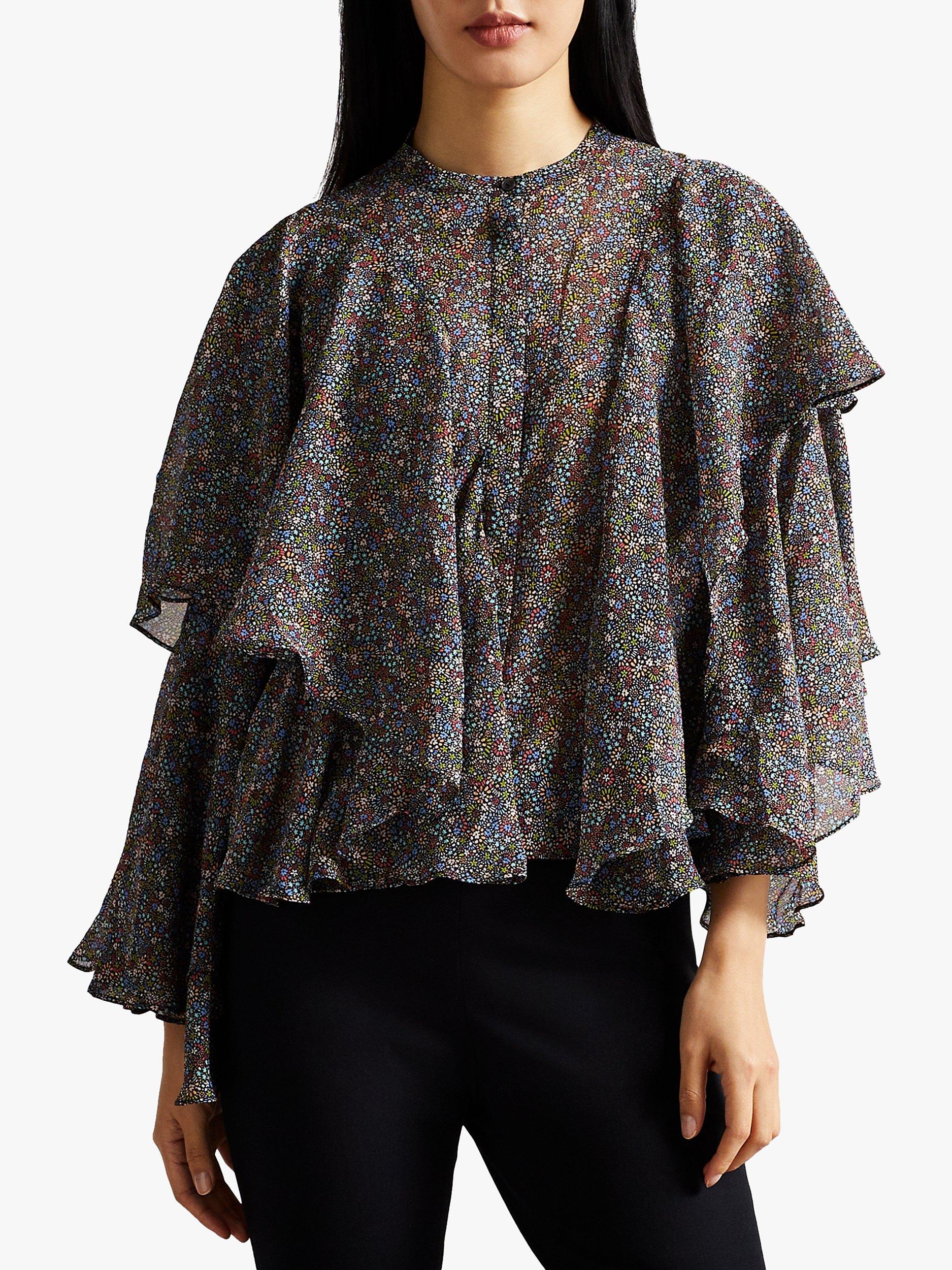 Ted Baker Pinku Retro Flood Printed Ruffle Blouse, Black