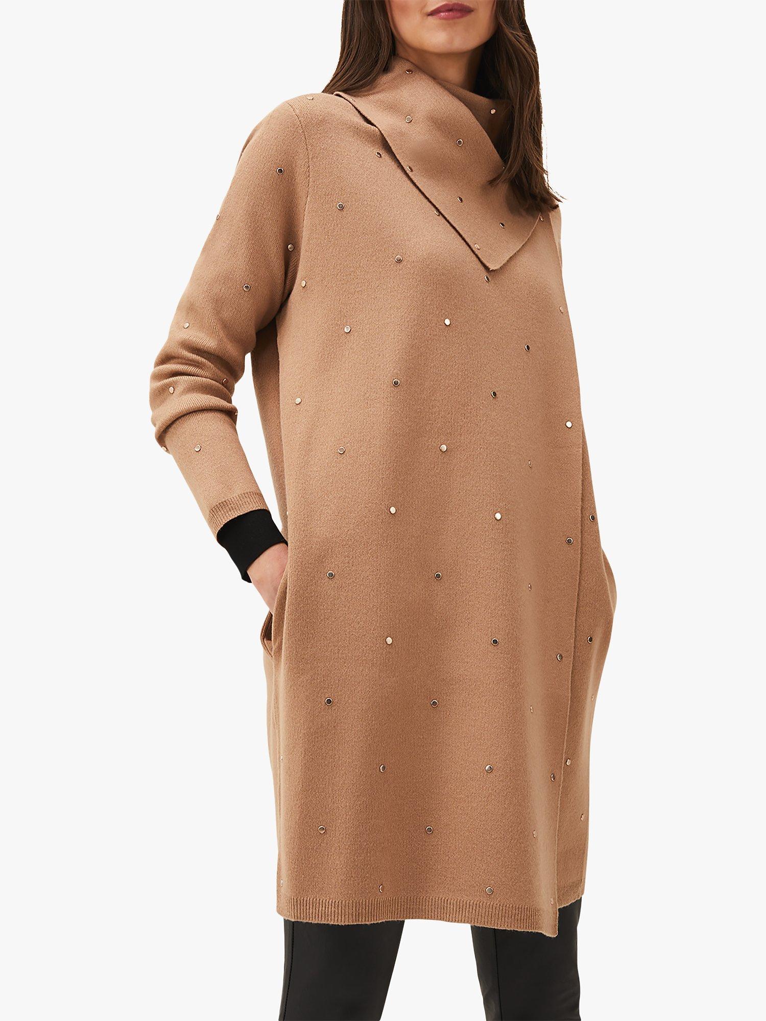Product image 1 of 7, which shows Phase Eight Paloma All-Over Stud Embellished Knit Coatigan, Camel, 24