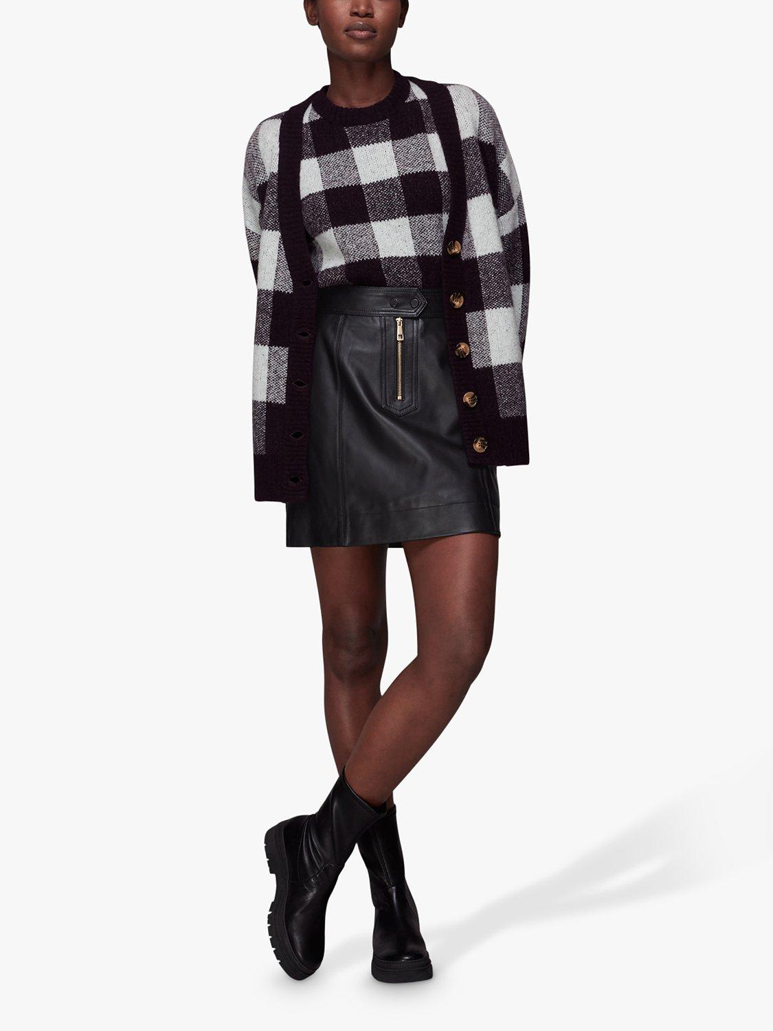 Whistles Zip Front Detail Leather Skirt, Black