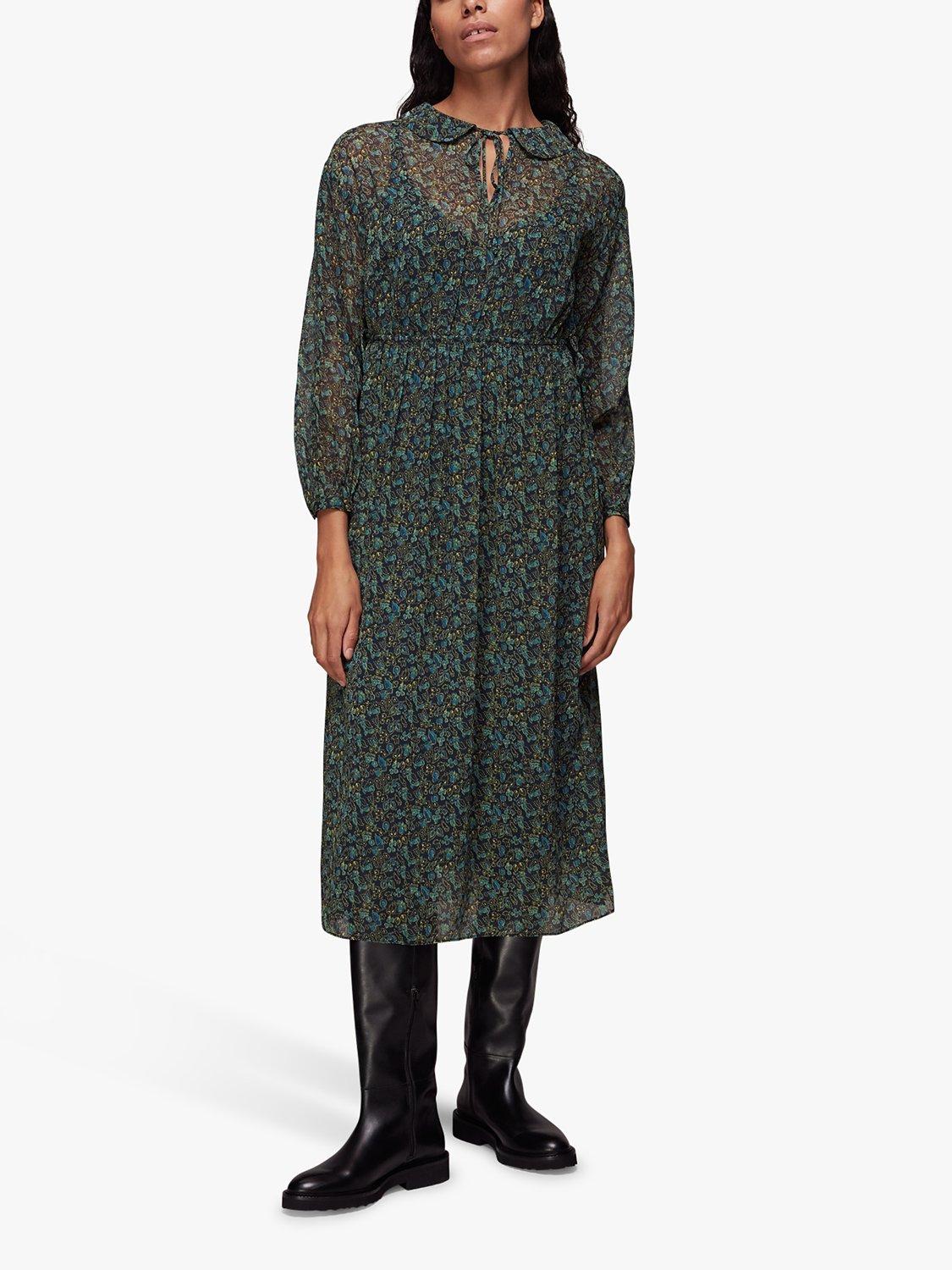 Whistles Stitch Floral Print Midi Dress, Green/Multi