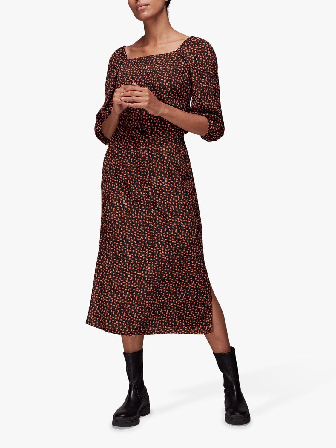 Whistles Dainty Button Floral Midi Skirt, Black/Multi