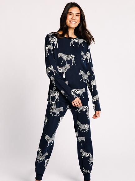 Chelsea Peers Zebra Print Recycled Pyjama Set, Navy/Multi, Navy/Multi