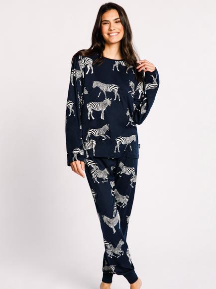 Chelsea Peers Zebra Print Recycled Pyjama Set, Navy/Multi - view 2, Navy/Multi