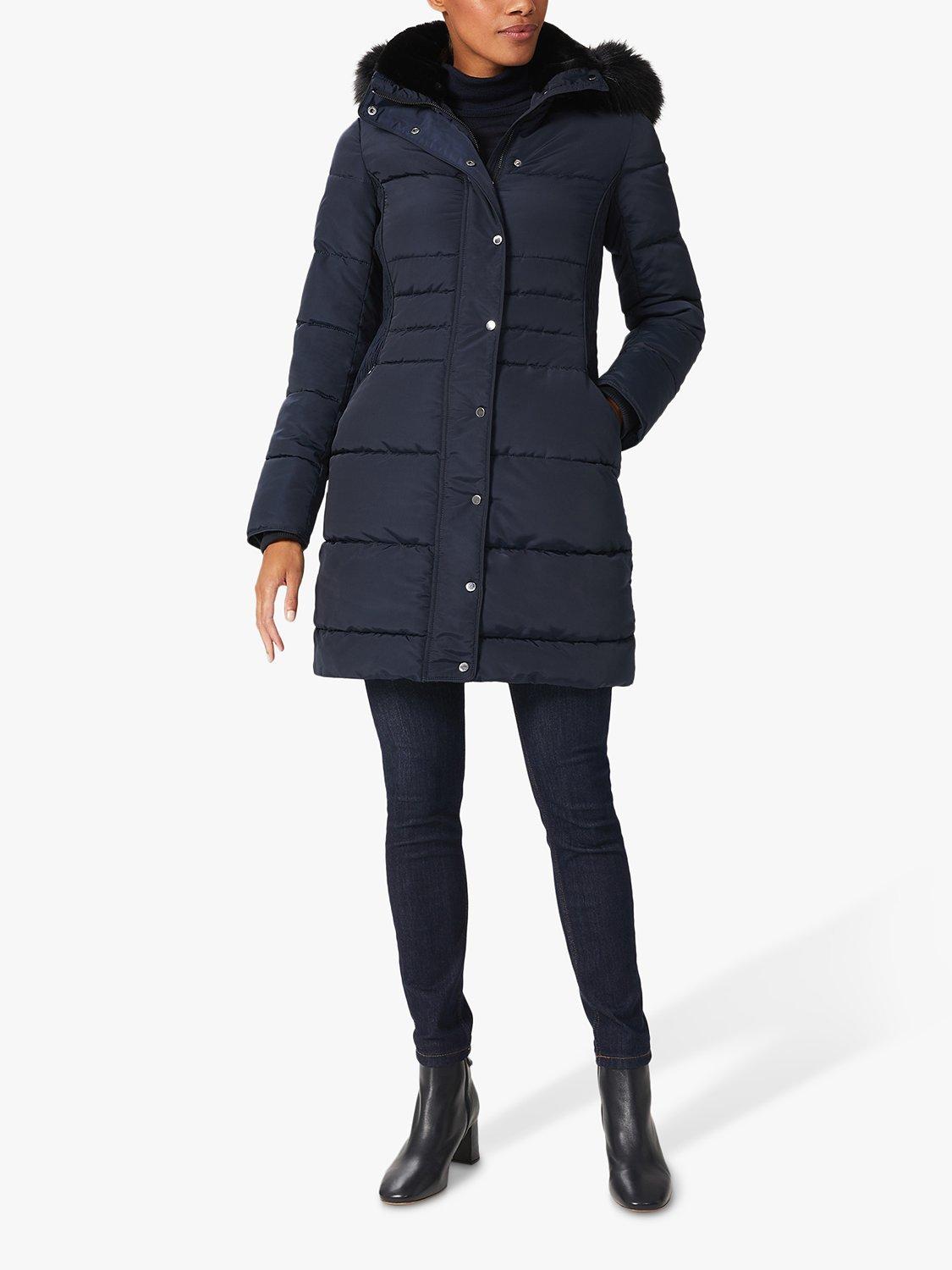 Product image 1 of 4, which shows Hobbs Petite Dita Faux Fur Hood Puffer Coat, Navy, 6