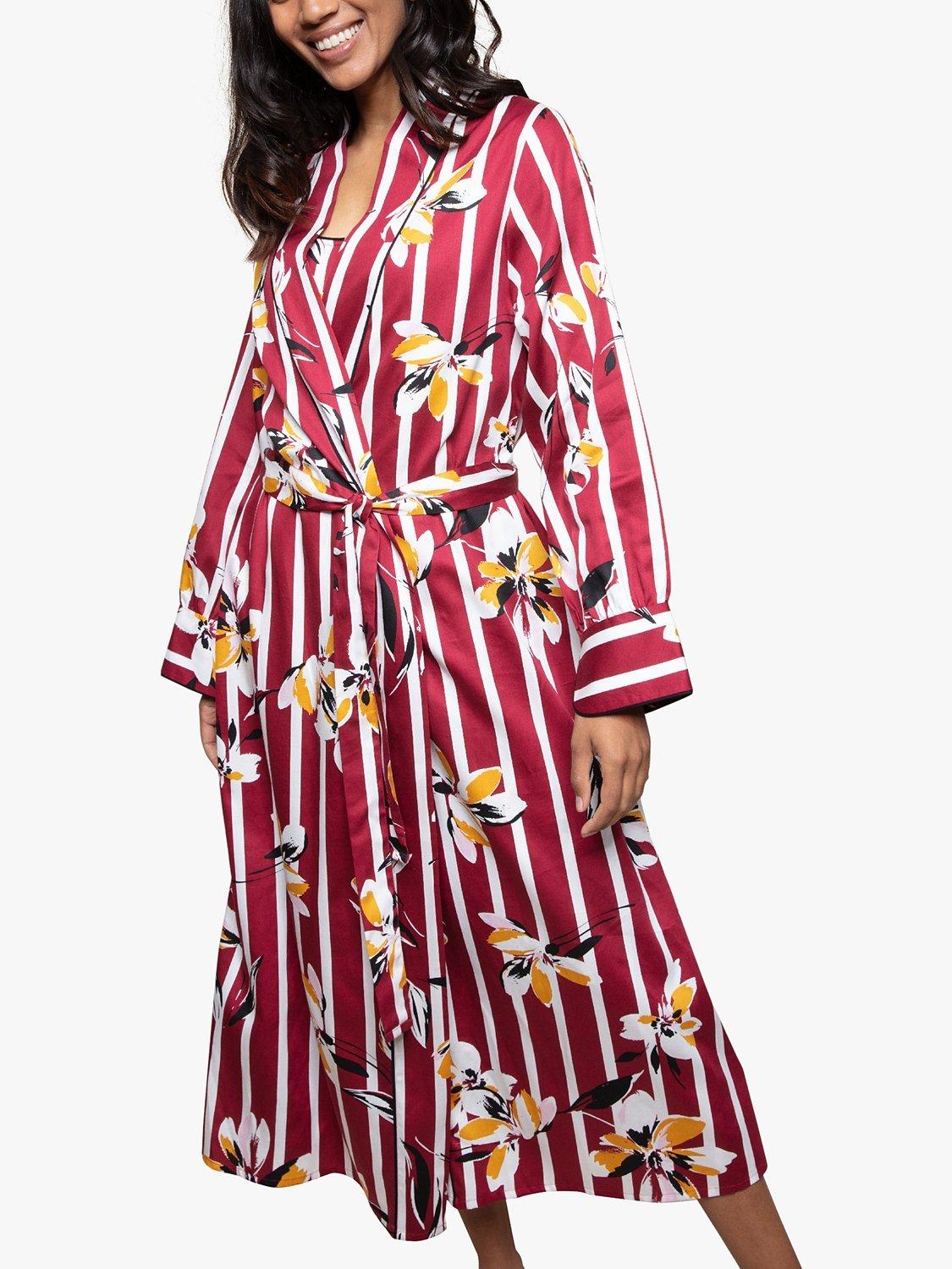 Product image 1 of 3, which shows Fable & Eve Marylebone Stripe Floral Print Long Dressing Gown, Burgundy/Multi, 8