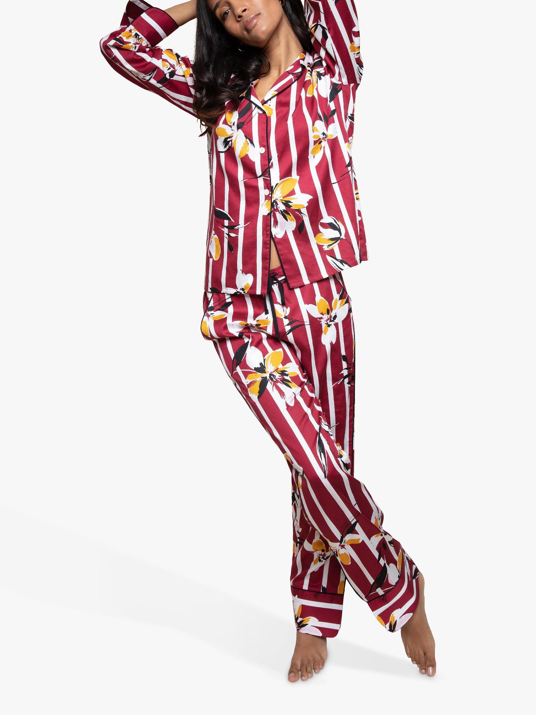 Fable & Eve Marylebone Stripe Floral Print Pyjama Set, Burgundy/Multi, 8