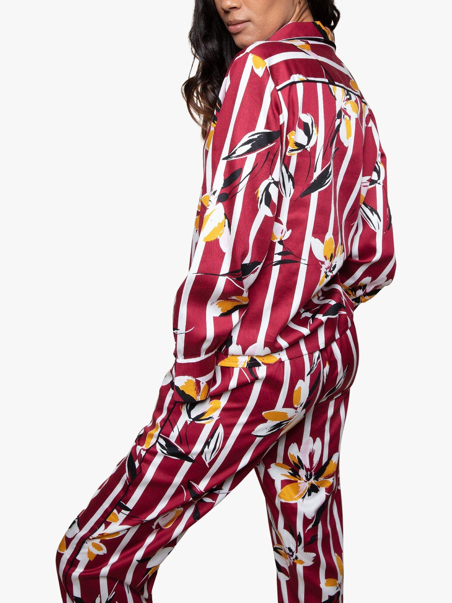 Fable & Eve Marylebone Stripe Floral Print Pyjama Set, Burgundy/Multi, 8