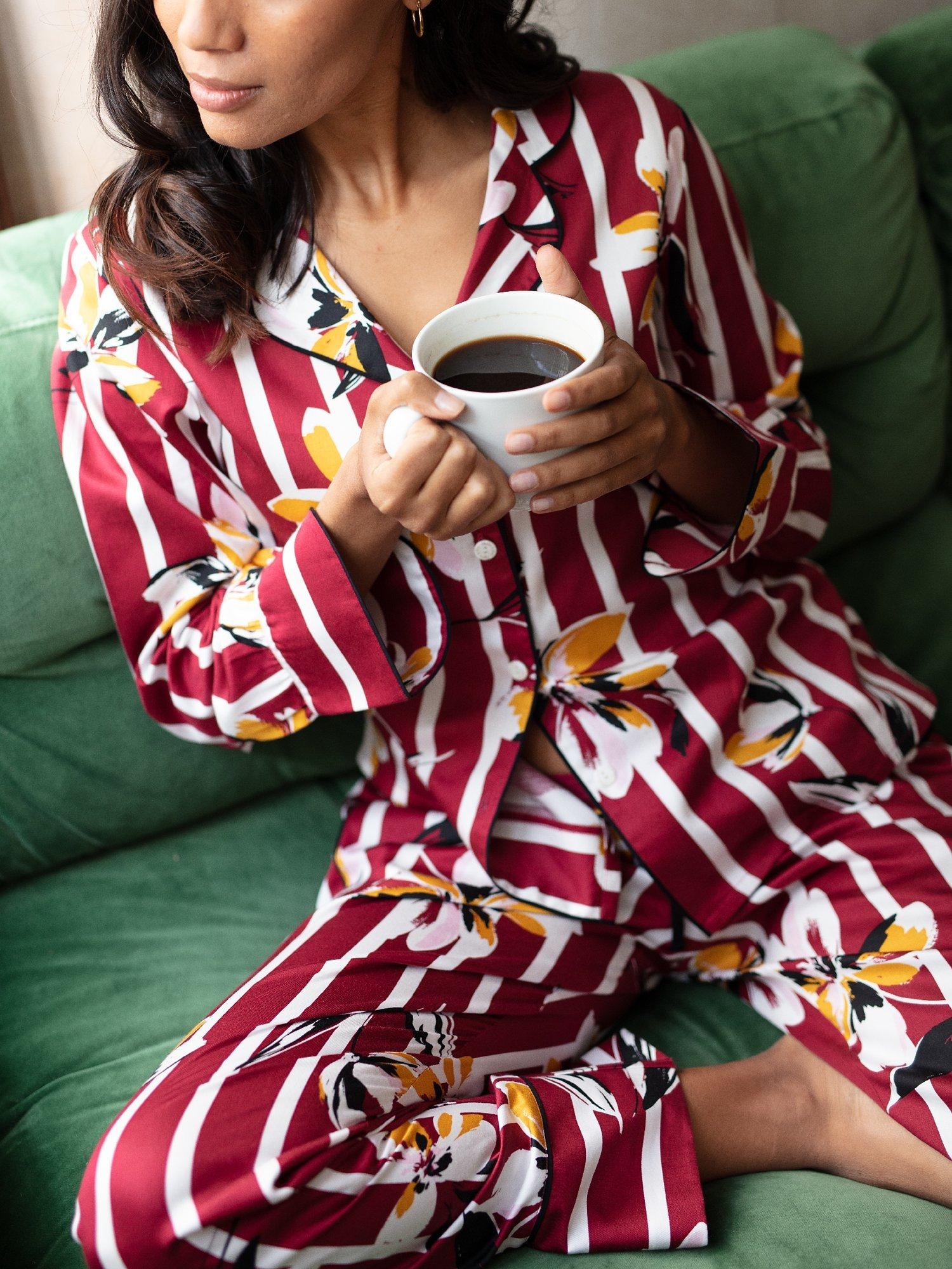 Fable & Eve Marylebone Stripe Floral Print Pyjama Set, Burgundy/Multi, 8