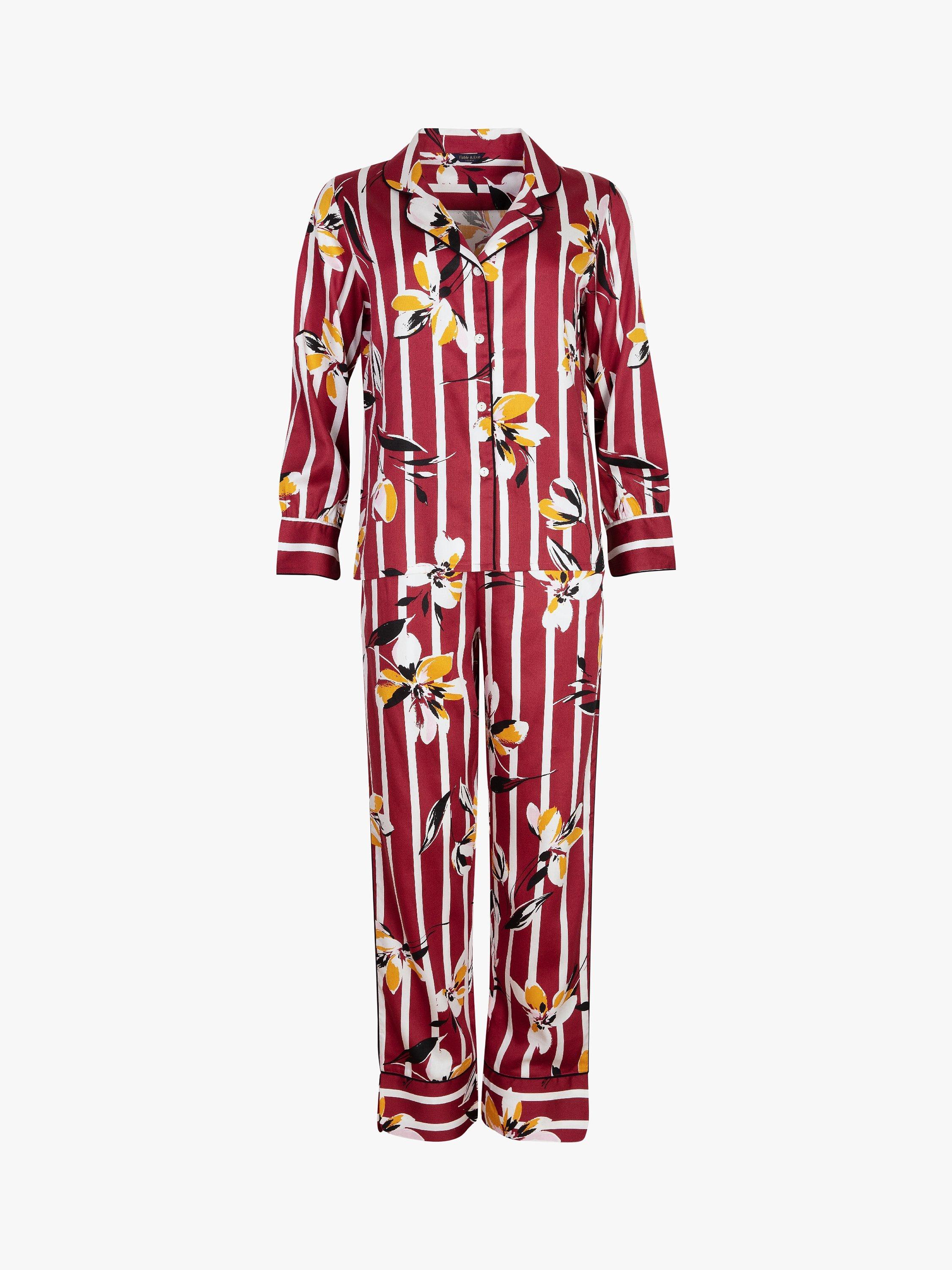 Fable & Eve Marylebone Stripe Floral Print Pyjama Set, Burgundy/Multi, 8