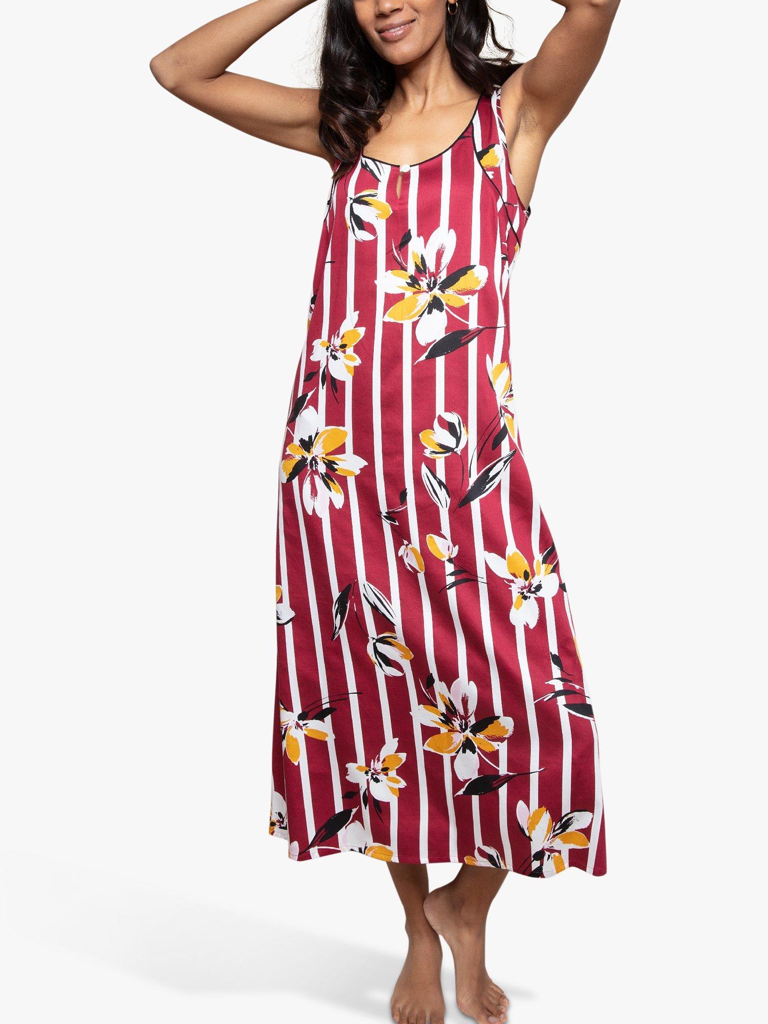 Product image 1 of 4, which shows Fable & Eve Marylebone Stripe Floral Print Long Nightdress, Burgundy Mix, 8