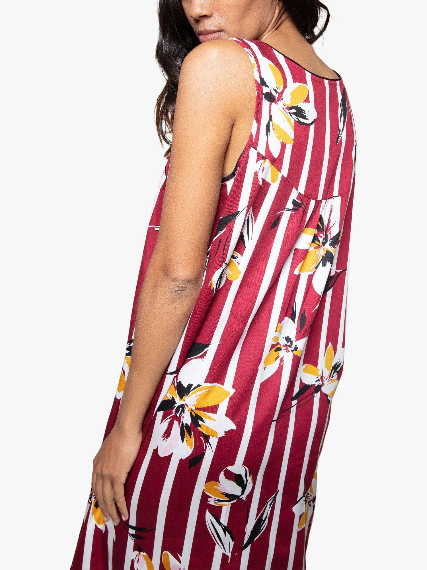 Product image 2 of 4, which shows Fable & Eve Marylebone Stripe Floral Print Long Nightdress, Burgundy Mix, 8
