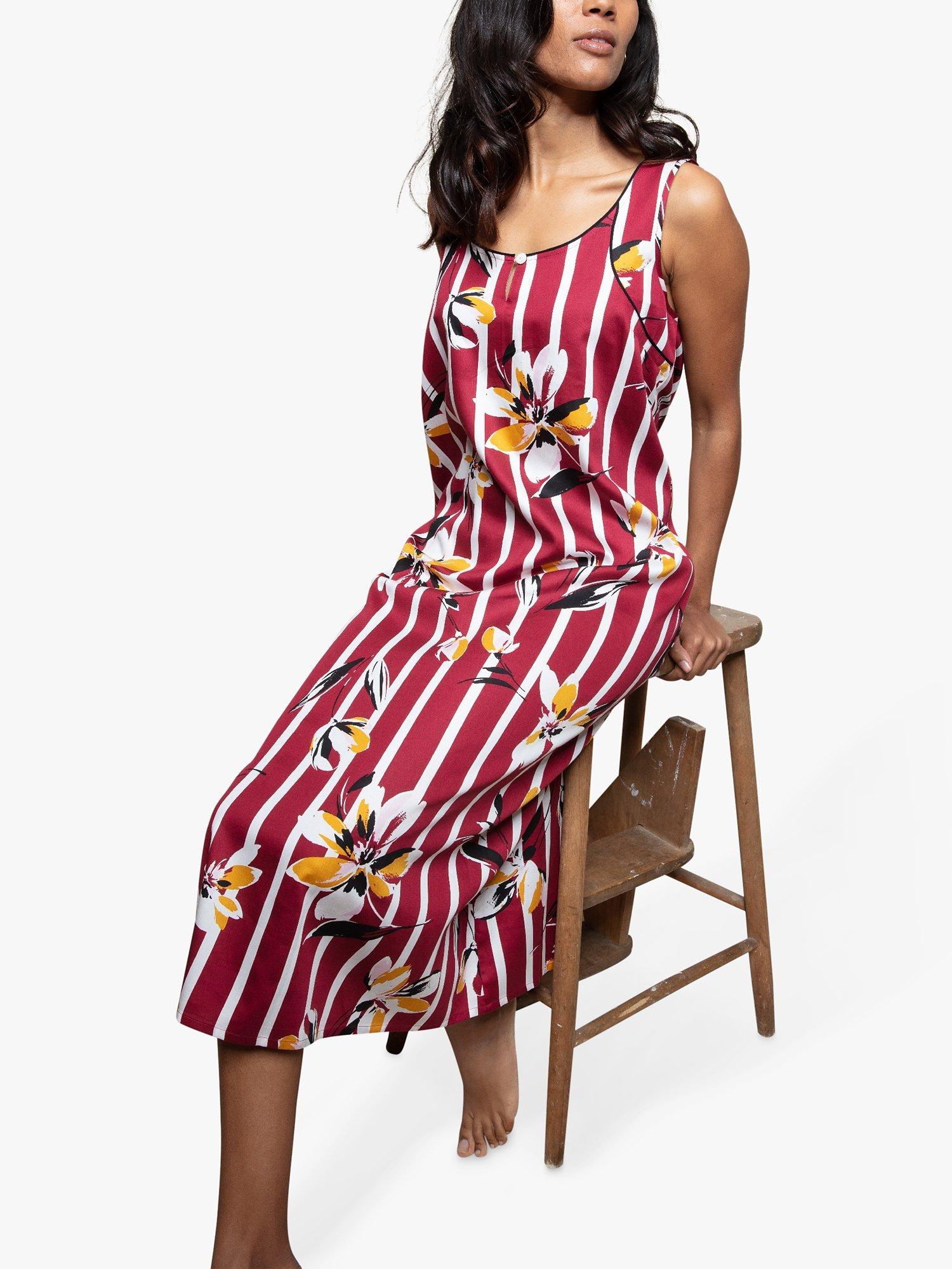 Product image 3 of 4, which shows Fable & Eve Marylebone Stripe Floral Print Long Nightdress, Burgundy Mix, 8
