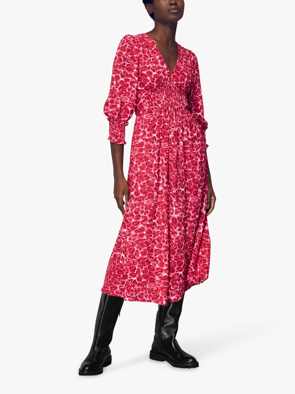Whistles Clouded Leopard Print Midi Dress, Pink/Multi