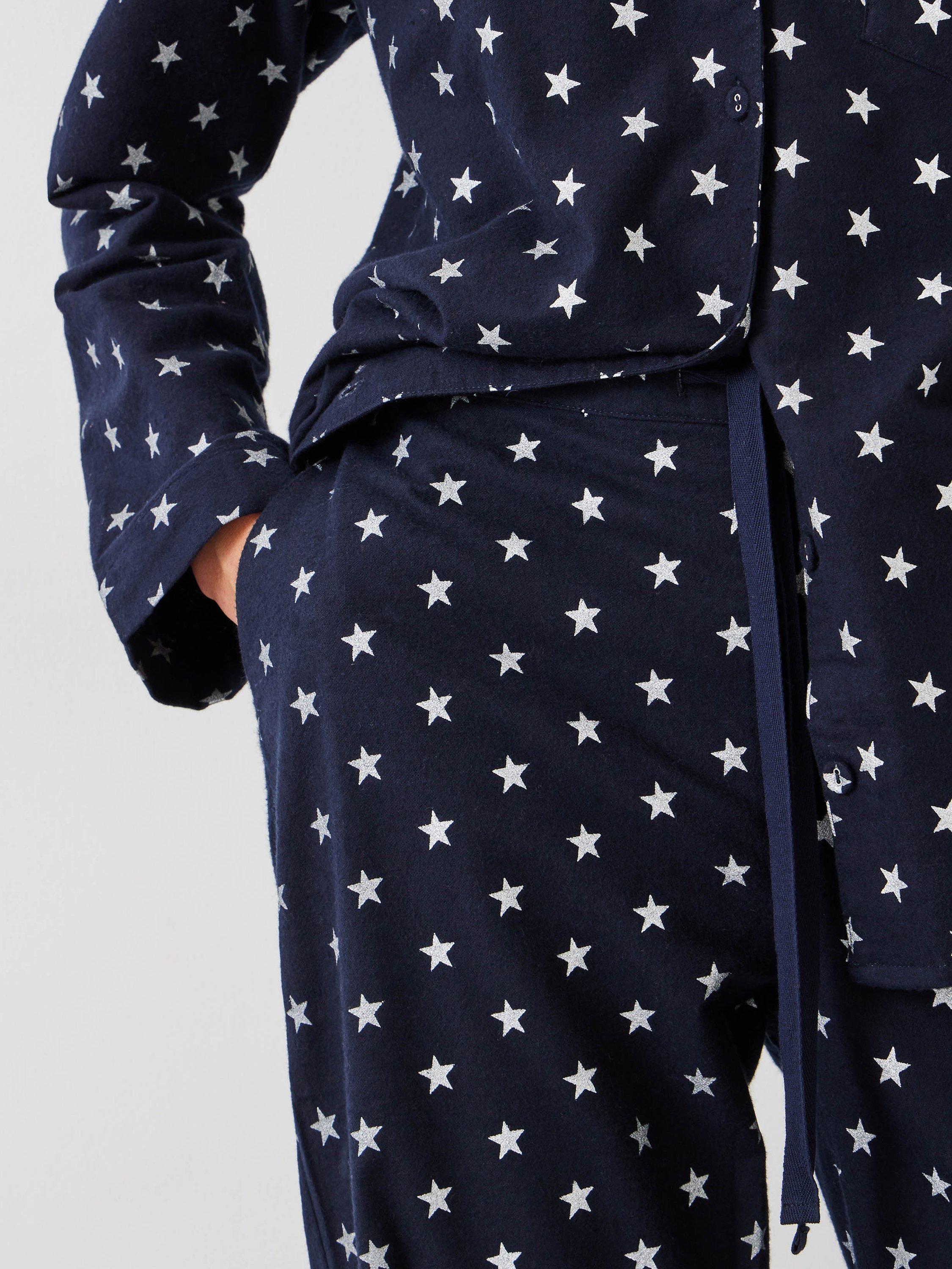 HUSH Joy Star Organic Cotton Flannel Pyjama Bottoms, Navy/Silver, XXS Long