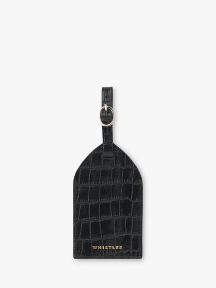 Whistles Croc Embossed Leather Luggage Tag, Black, Black