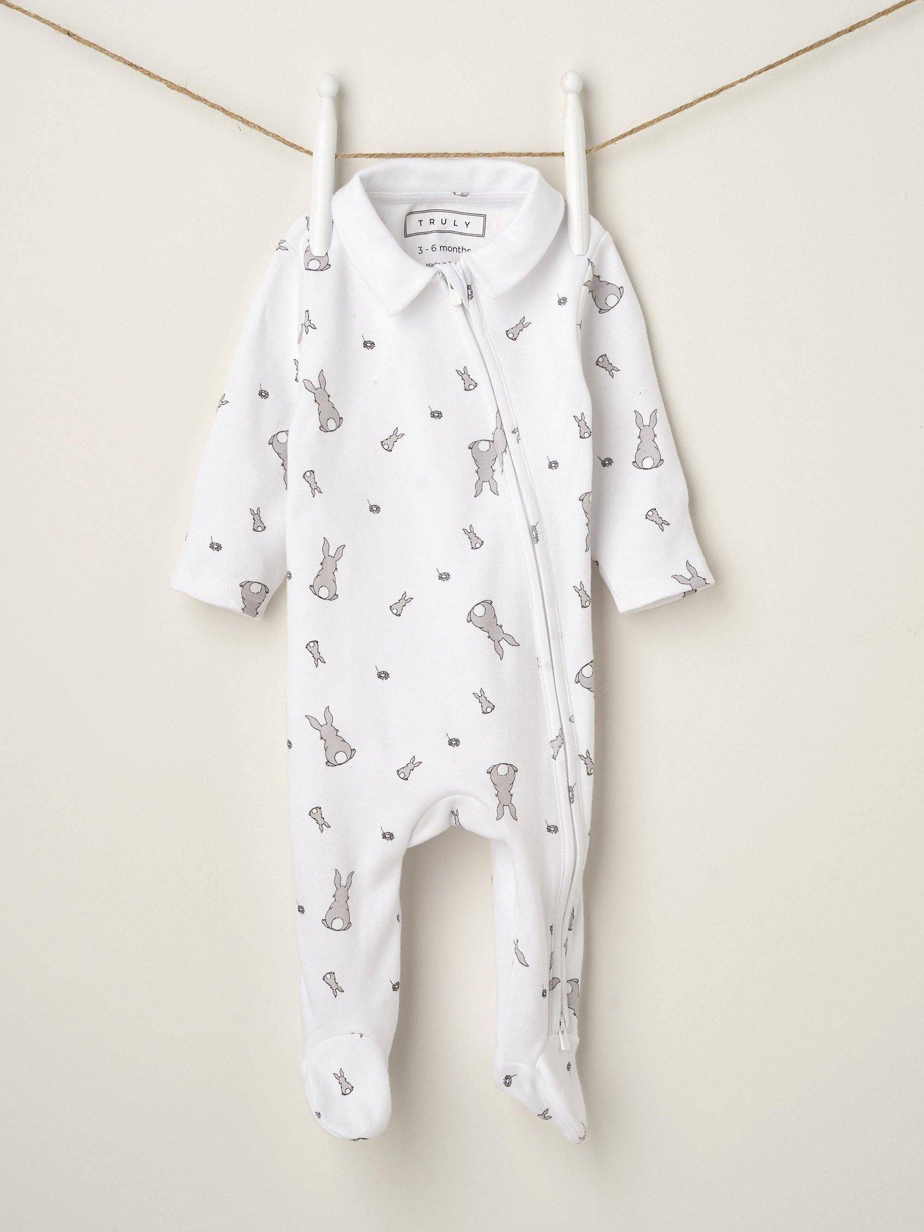 Product image 2 of 2, which shows Truly Baby Bunny Print Collared Babygrow, White, 3-6 months
