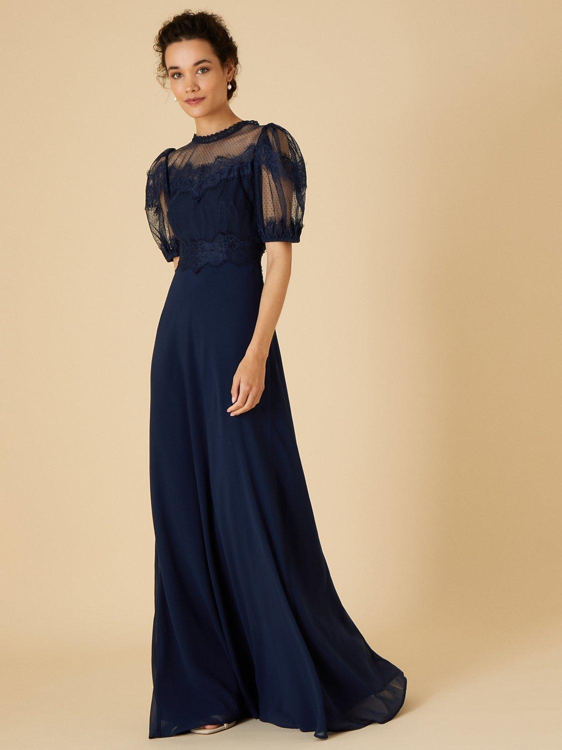 Monsoon Sheer Lace Bodice Maxi Dress, Navy