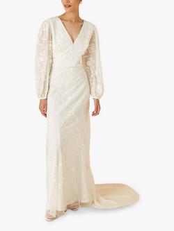 Monsoon Floral Long Sleeve Wedding Dress, Ivory, Ivory
