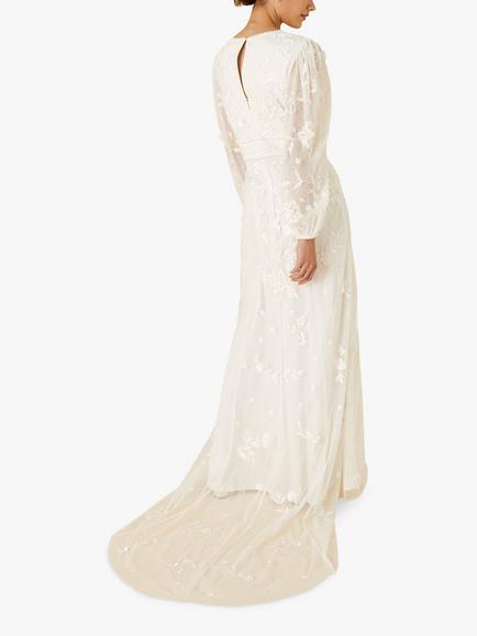 Monsoon Floral Long Sleeve Wedding Dress, Ivory - view 2, Ivory
