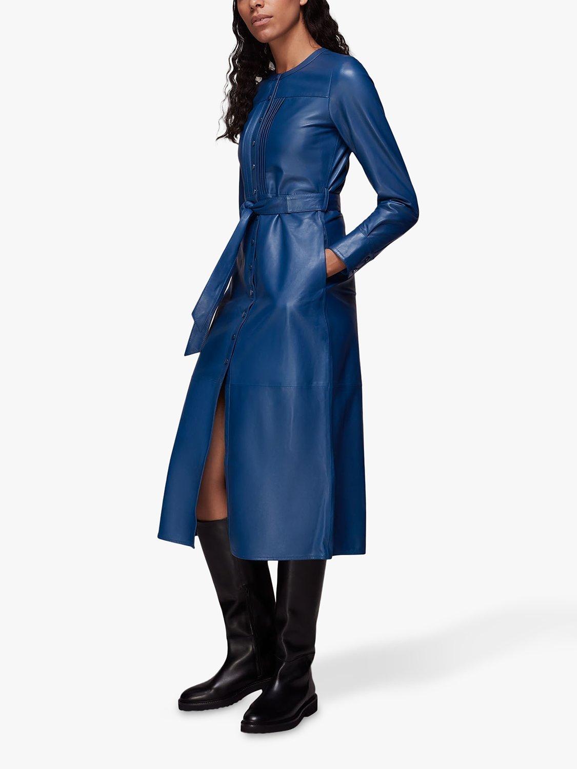 Whistles Pintuck Leather Midi Dress, Navy