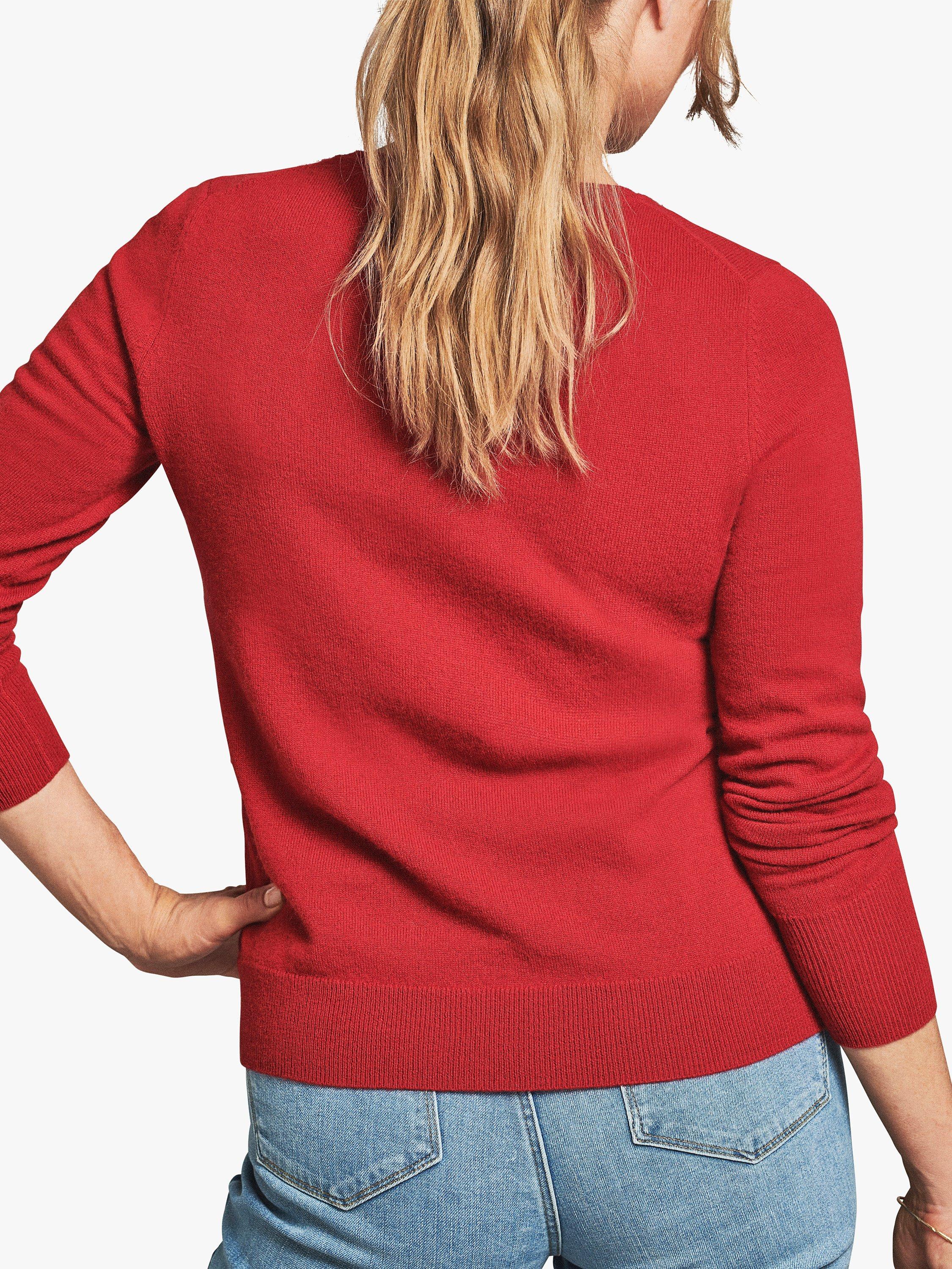 Product image 2 of 3, which shows Pure Collection Crew Neck Cashmere Cardigan, Cherry Red, 8