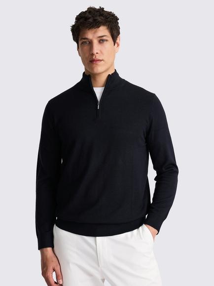 Moss Merino Wool Blend Zip Neck Jumper, Navy