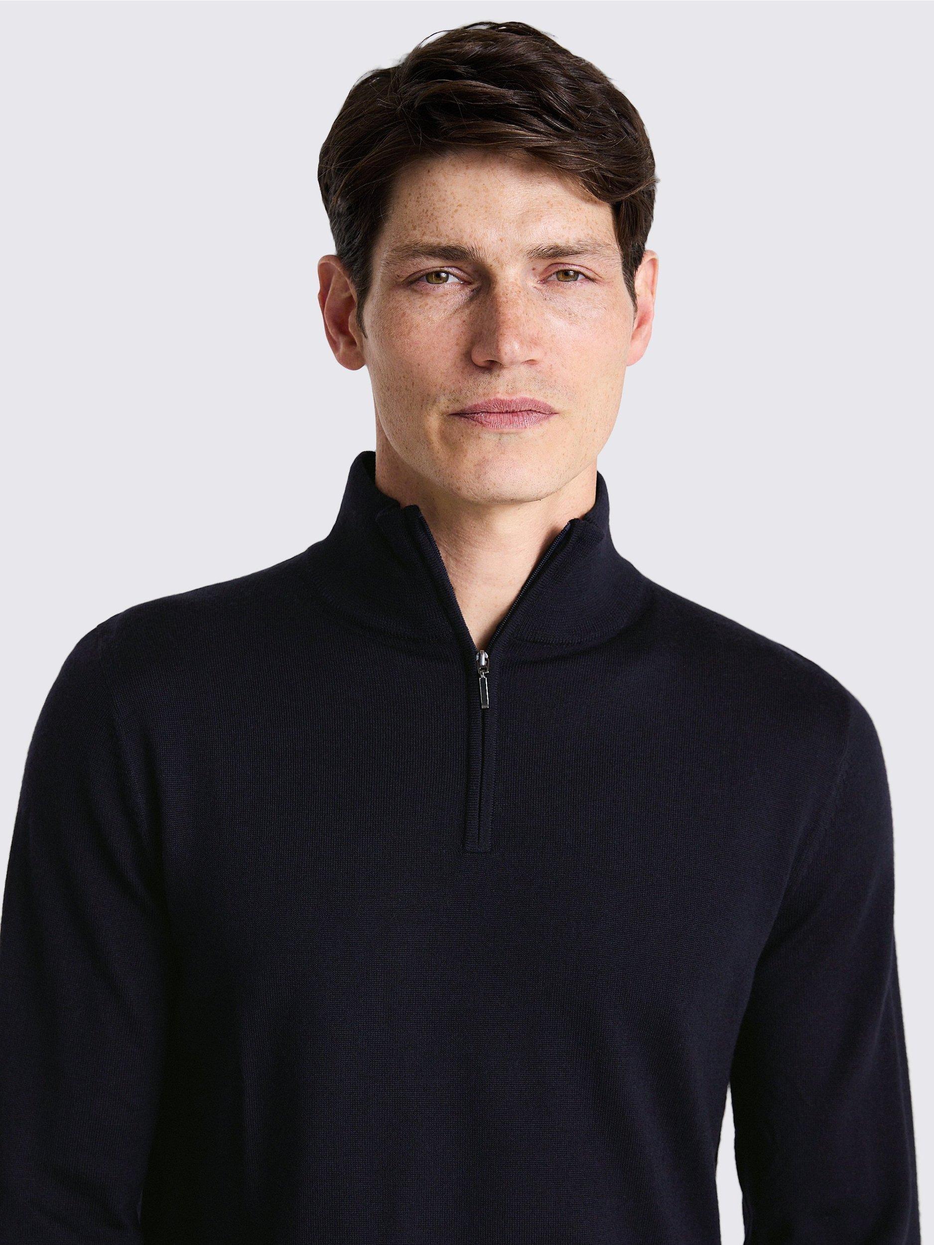 Moss Merino Wool Blend Zip Neck Jumper, Navy, S