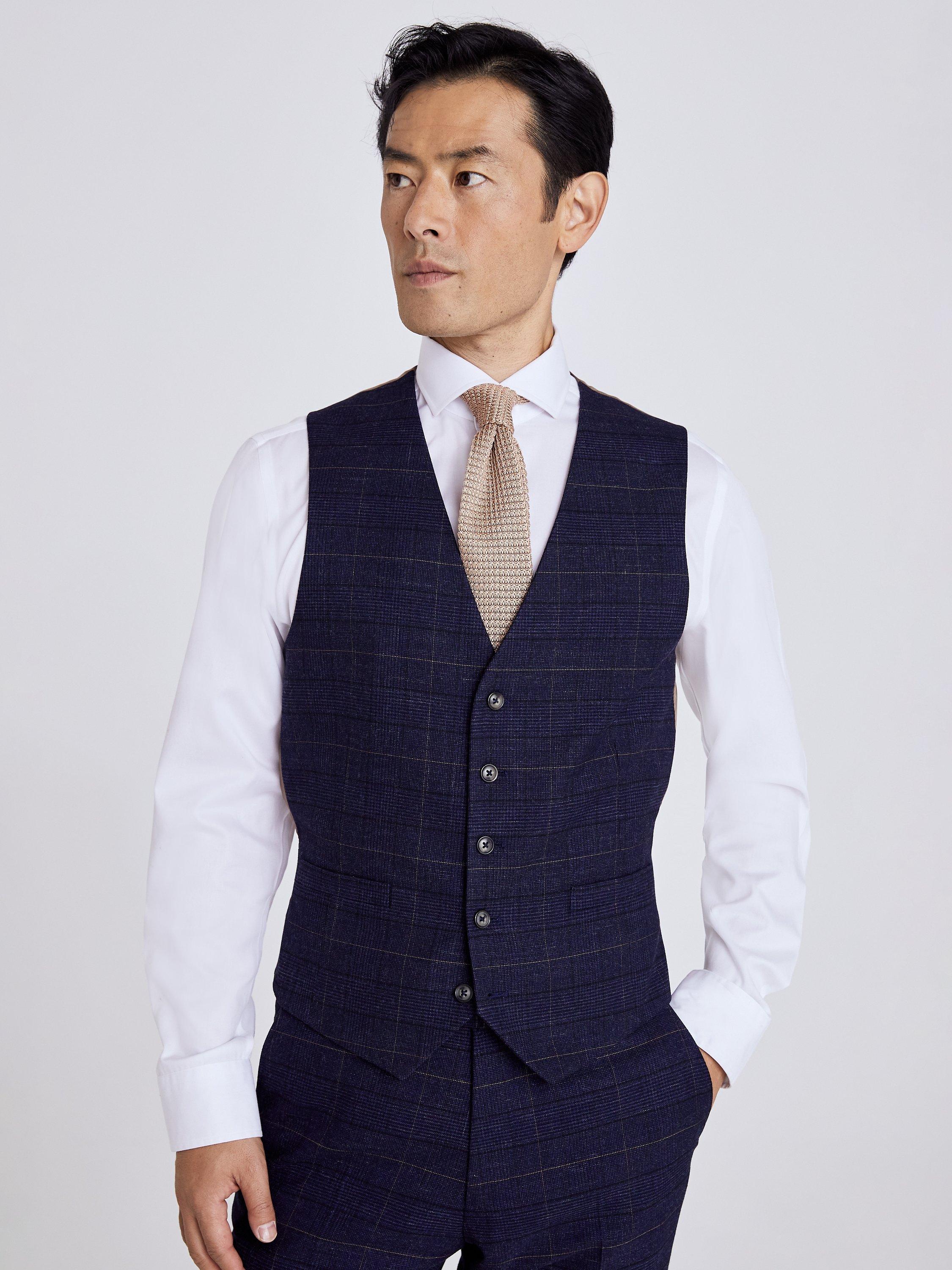 Product image 1 of 3, which shows Moss Tailored Fit Check Waistcoat, Navy/Black, 34R