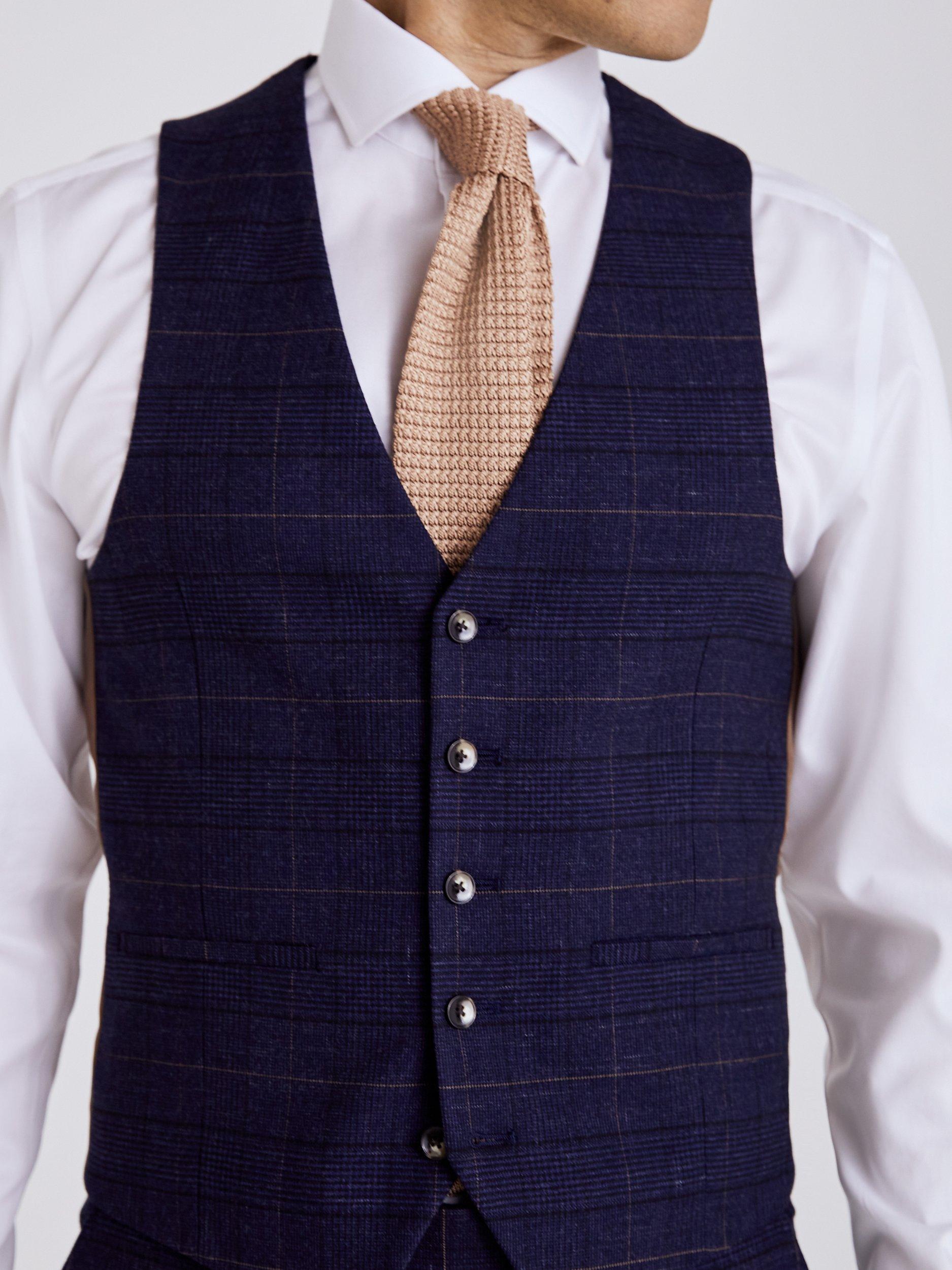 Product image 3 of 3, which shows Moss Tailored Fit Check Waistcoat, Navy/Black, 34R