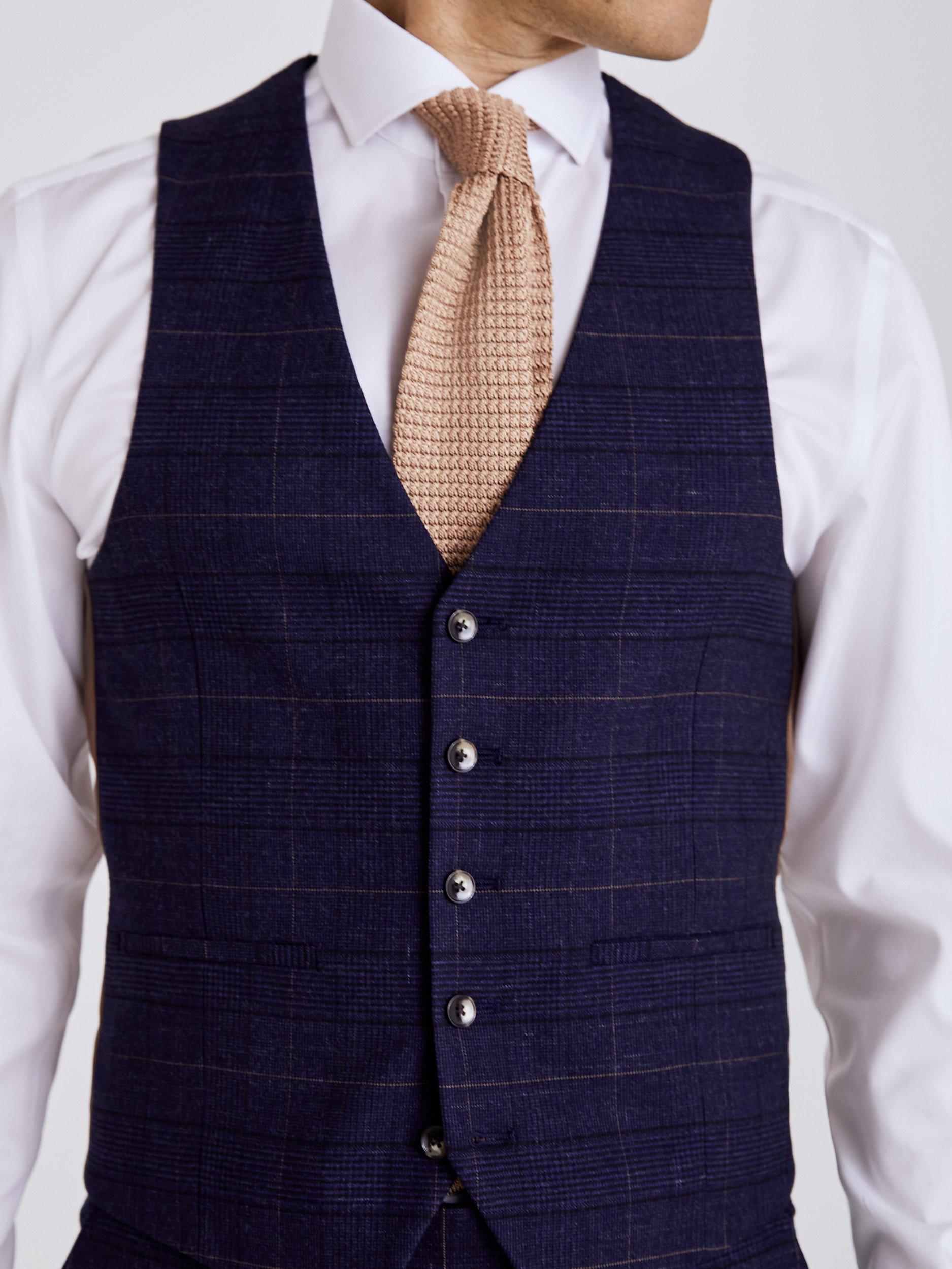 Moss Tailored Fit Check Waistcoat, Navy/Black, 34R