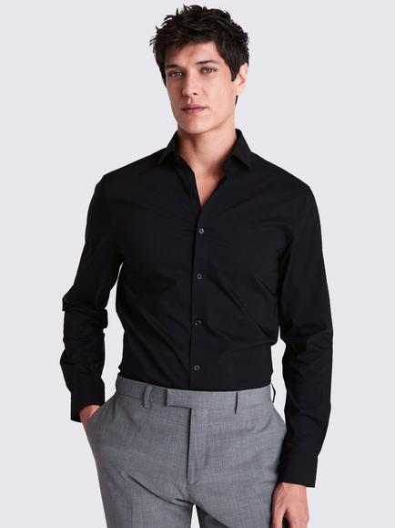 Moss Slim Fit Cotton Blend Stretch Shirt, Black