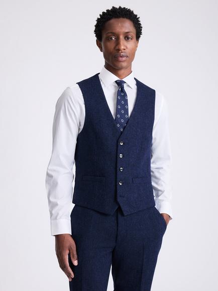 Moss Slim Fit Wool Blend Donegal Tweed Suit Waistcoat, Blue