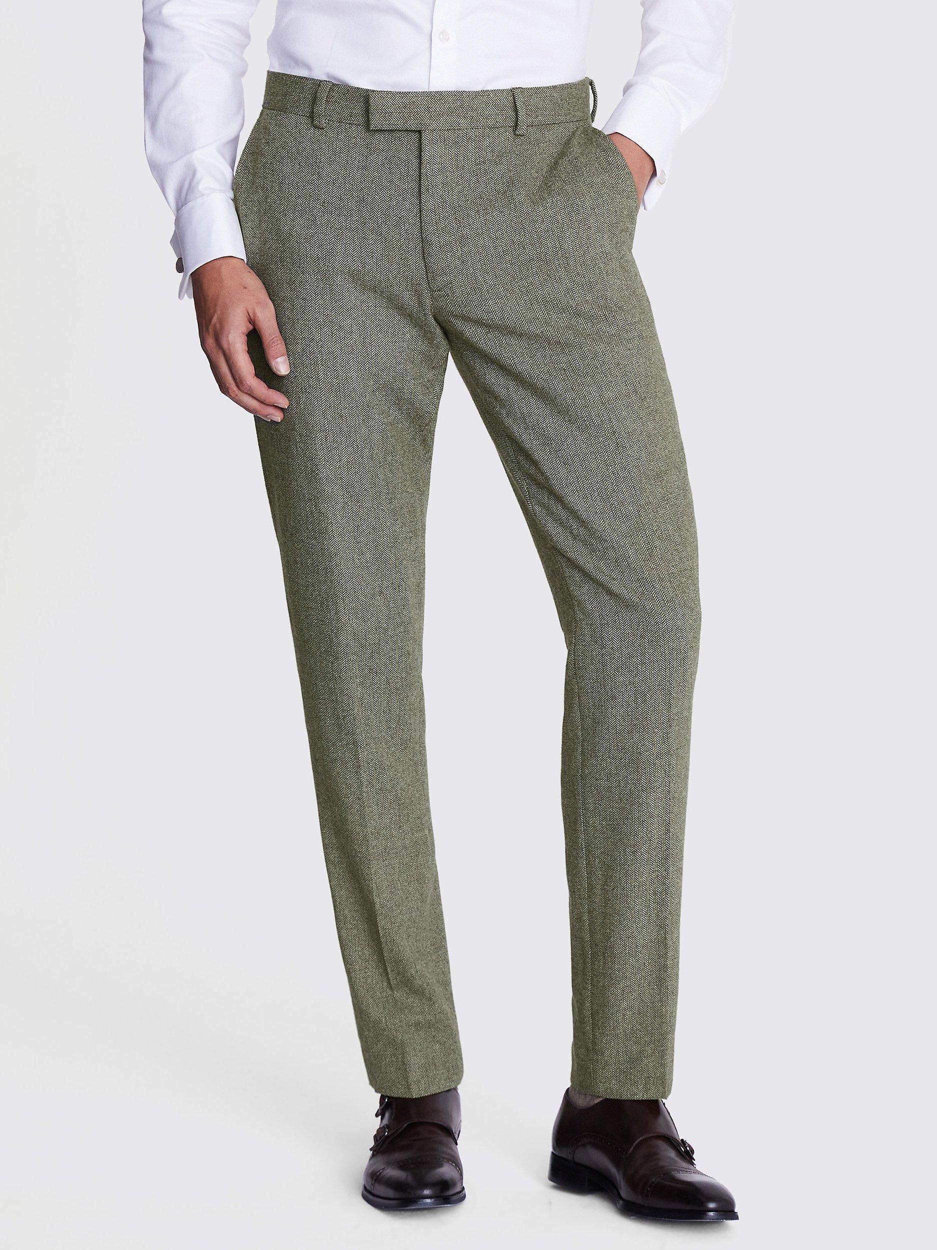 Product image 1 of 3, which shows Moss Slim Fit Herringbone Wool Blend Tweed Suit Trousers, Sage, 32R