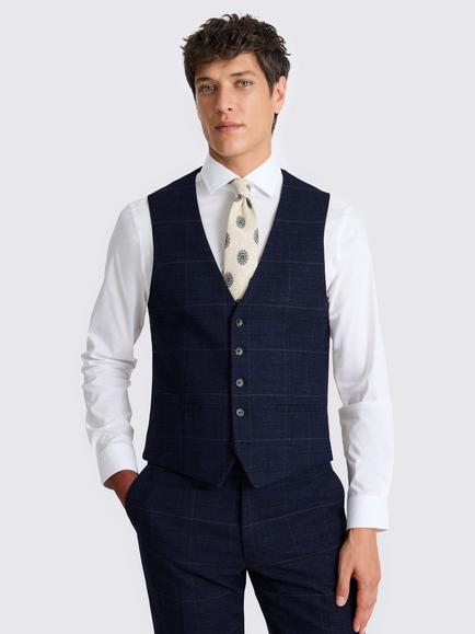 Moss Slim Fit Check Suit Waistcoat, Navy/Black, Navy/Black