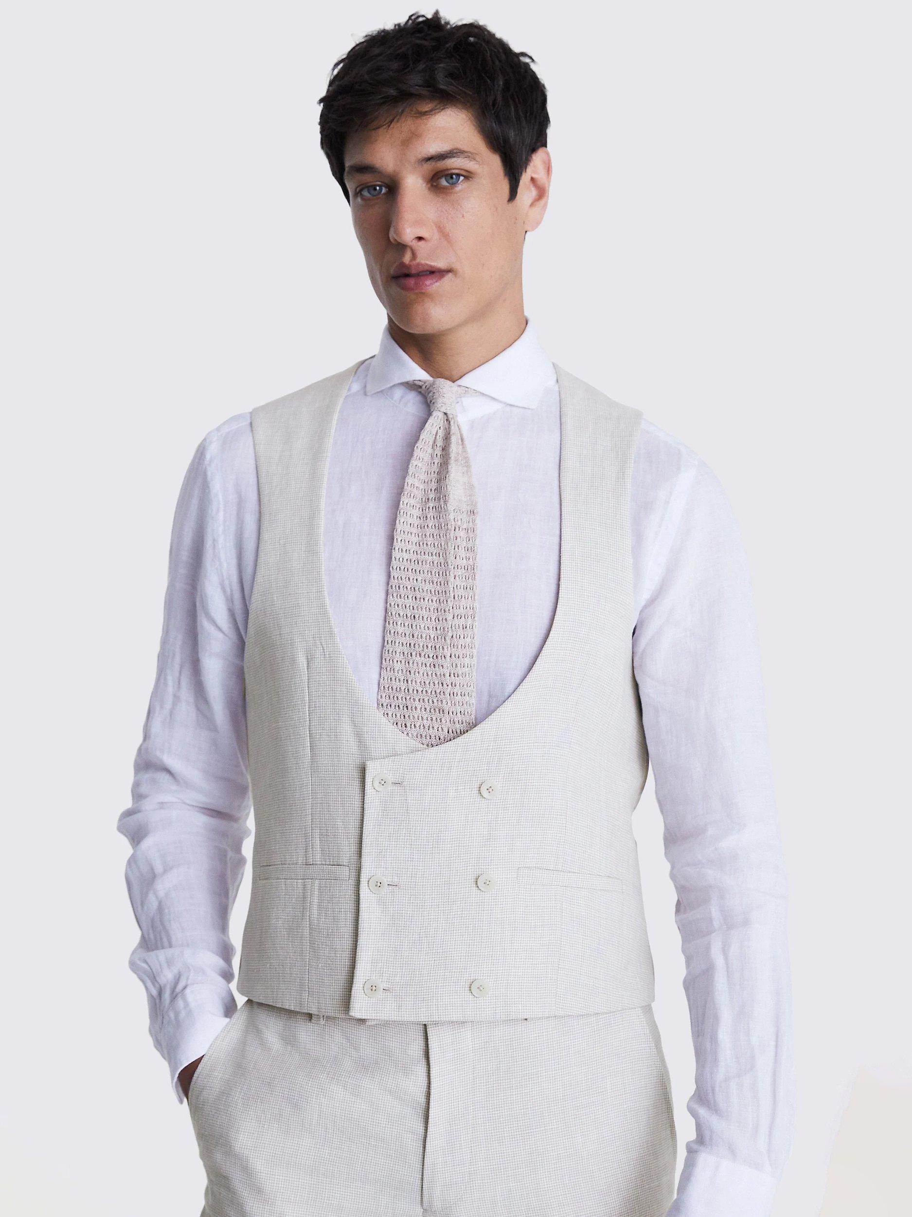 Moss Linen Blend Slim Fit Horseshoe Waistcoat, Stone