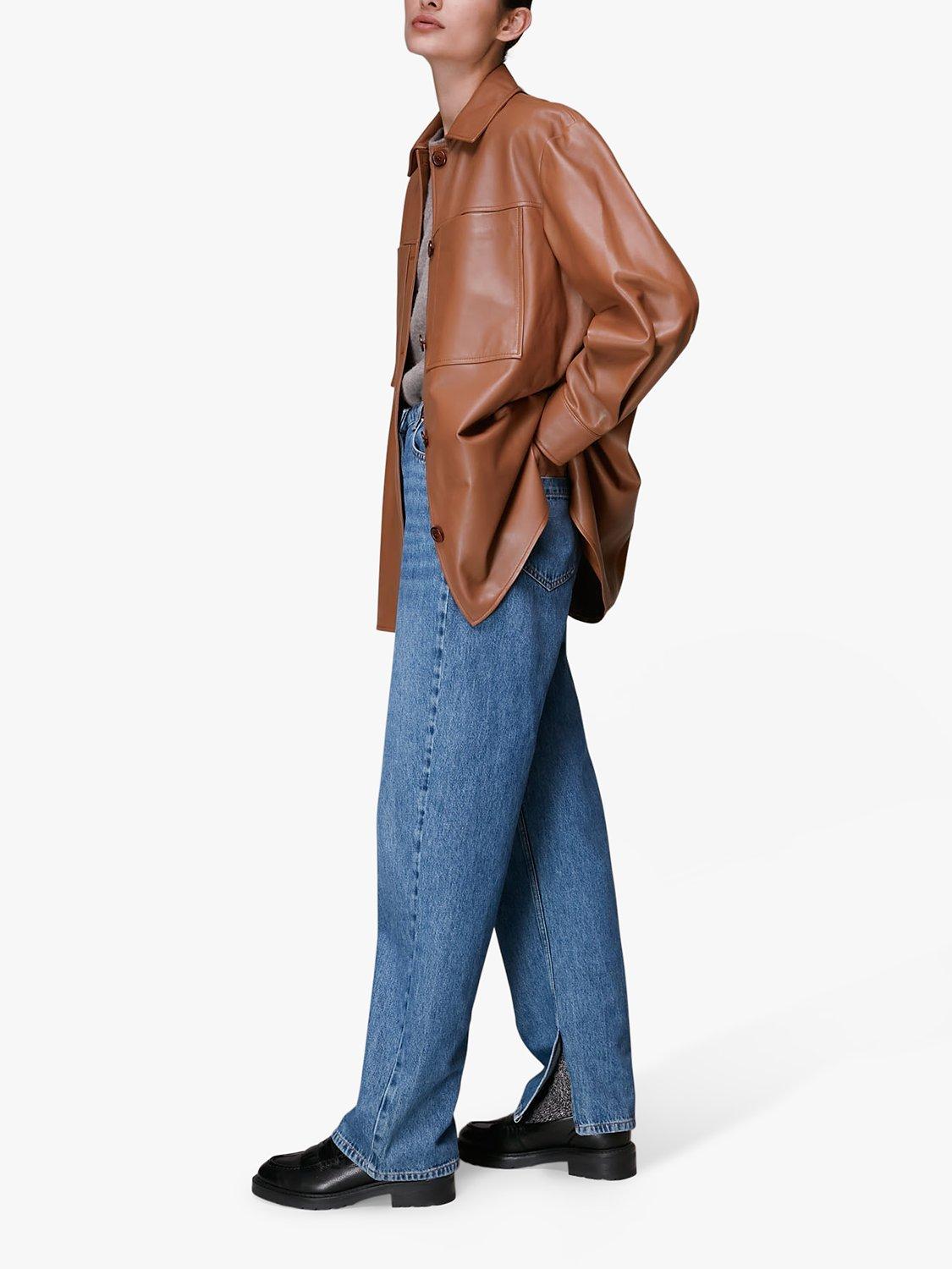 Whistles Cady Patch Pocket Leather Shacket, Brown