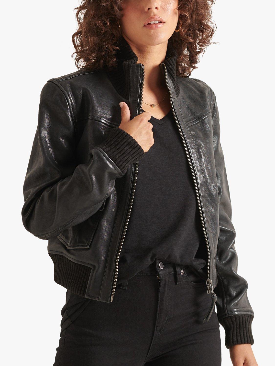 Superdry Knitted Collar Leather Bomber Jacket, Black