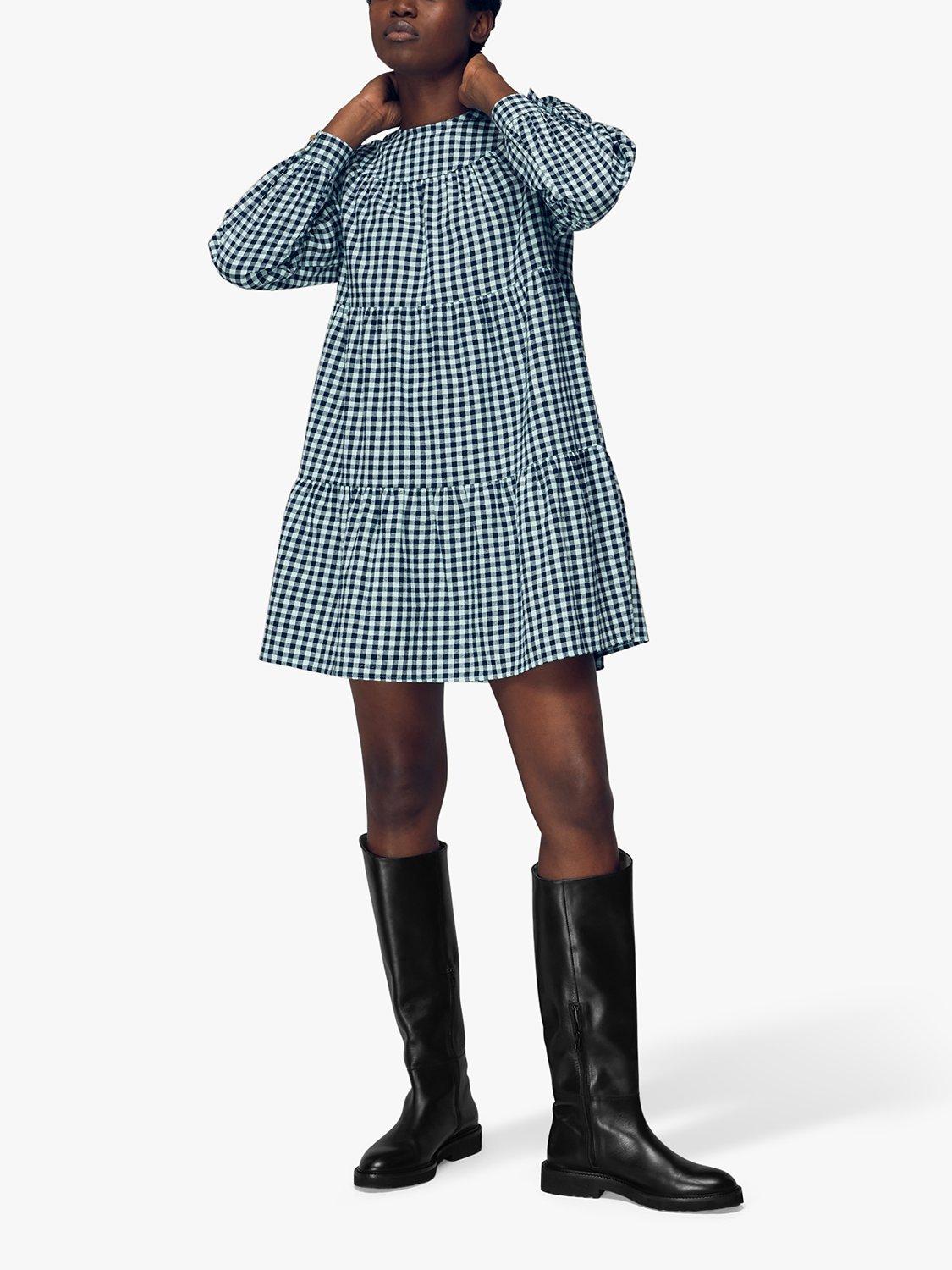 Whistles Gingham Tiered Mini Dress, Blue