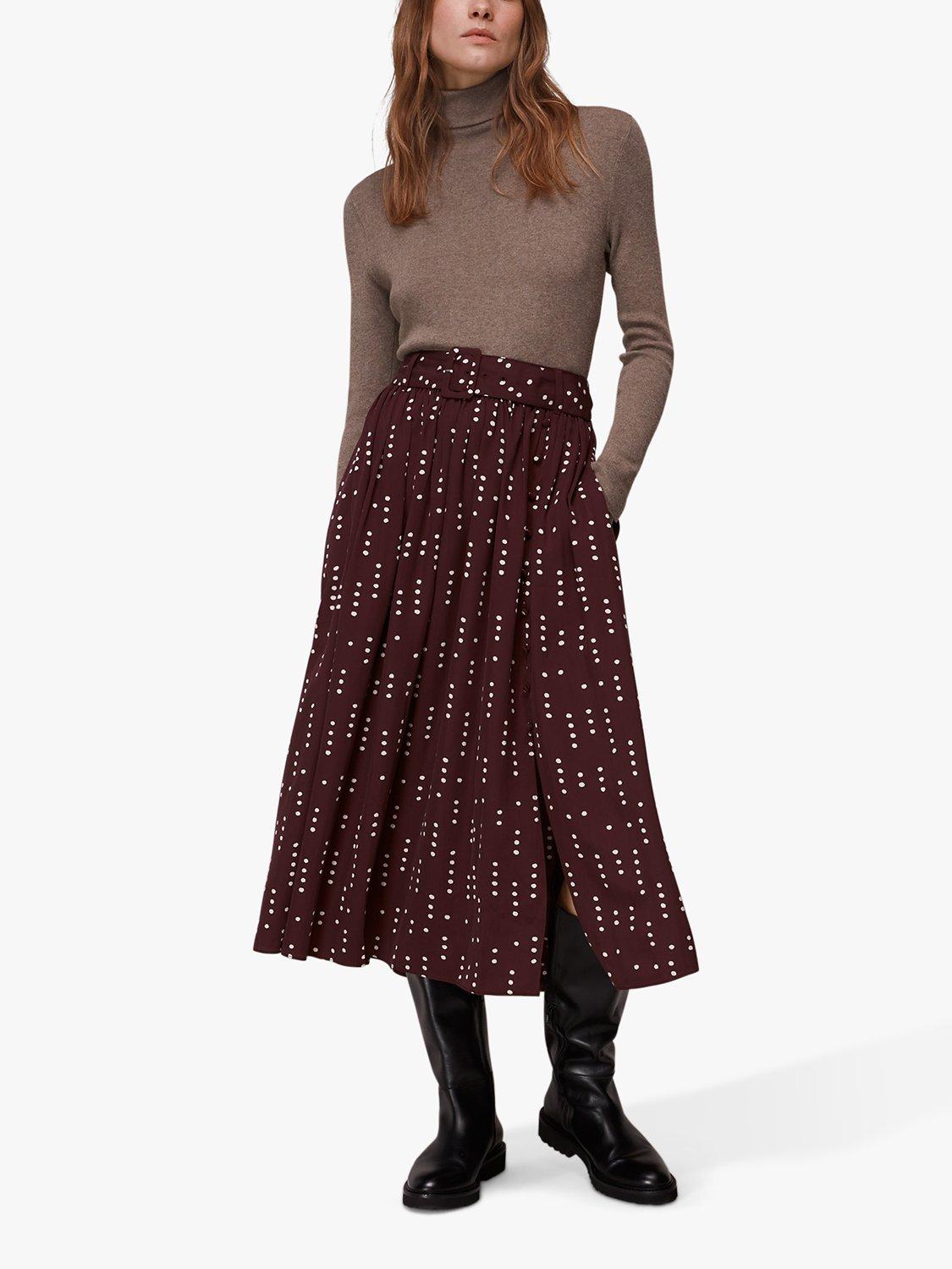 Whistles Dash Dot Belted Midi Skirt, Brown
