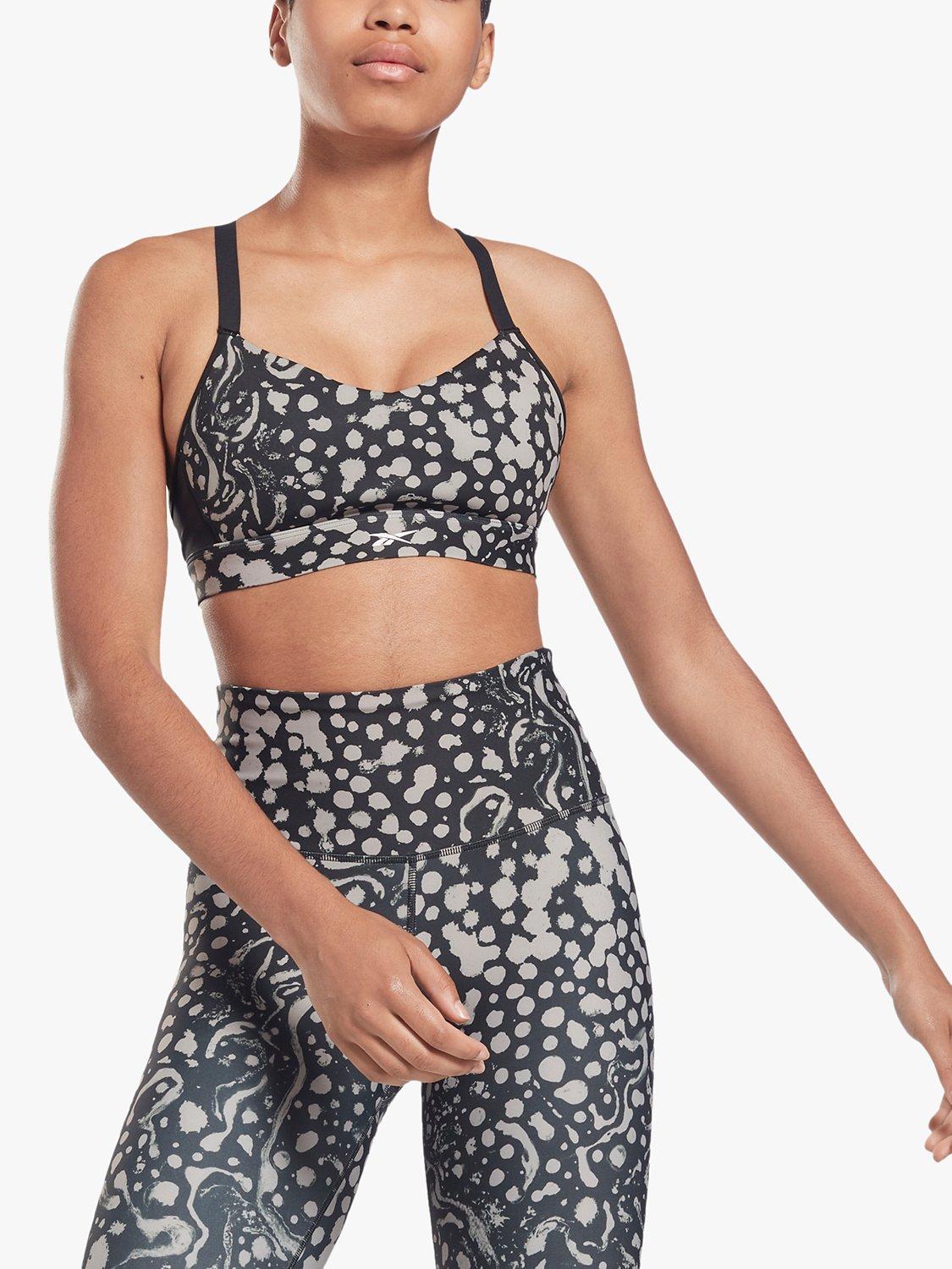 Reebok Lux Strappy Modern Safari Print Medium Impact Sports Bra, Night Black, L