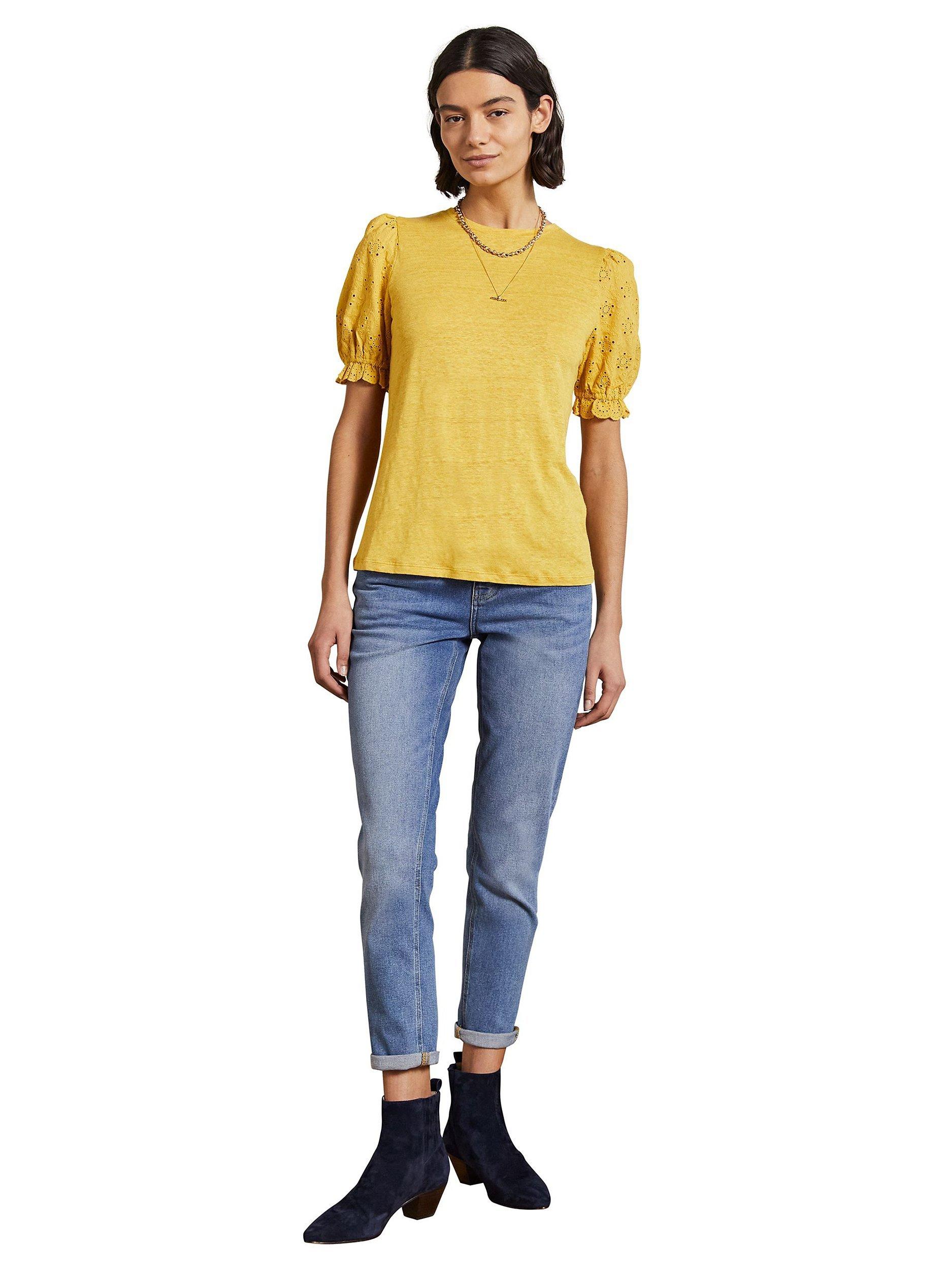 Boden Broderie Sleeve Linen T-Shirt, Butter