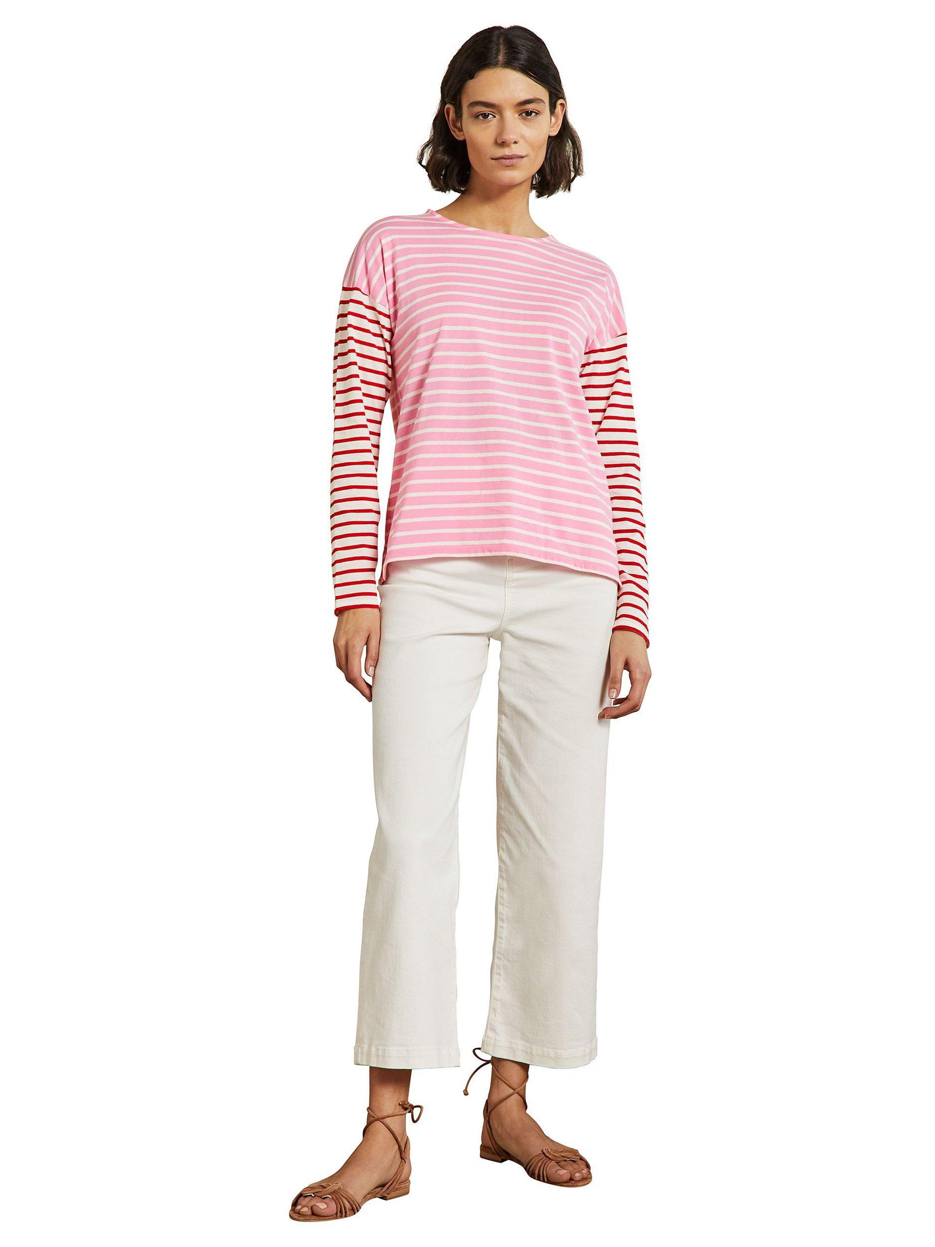 Boden Dropped Shoulder Stripe Long Sleeve T-Shirt, Pink/Ivory
