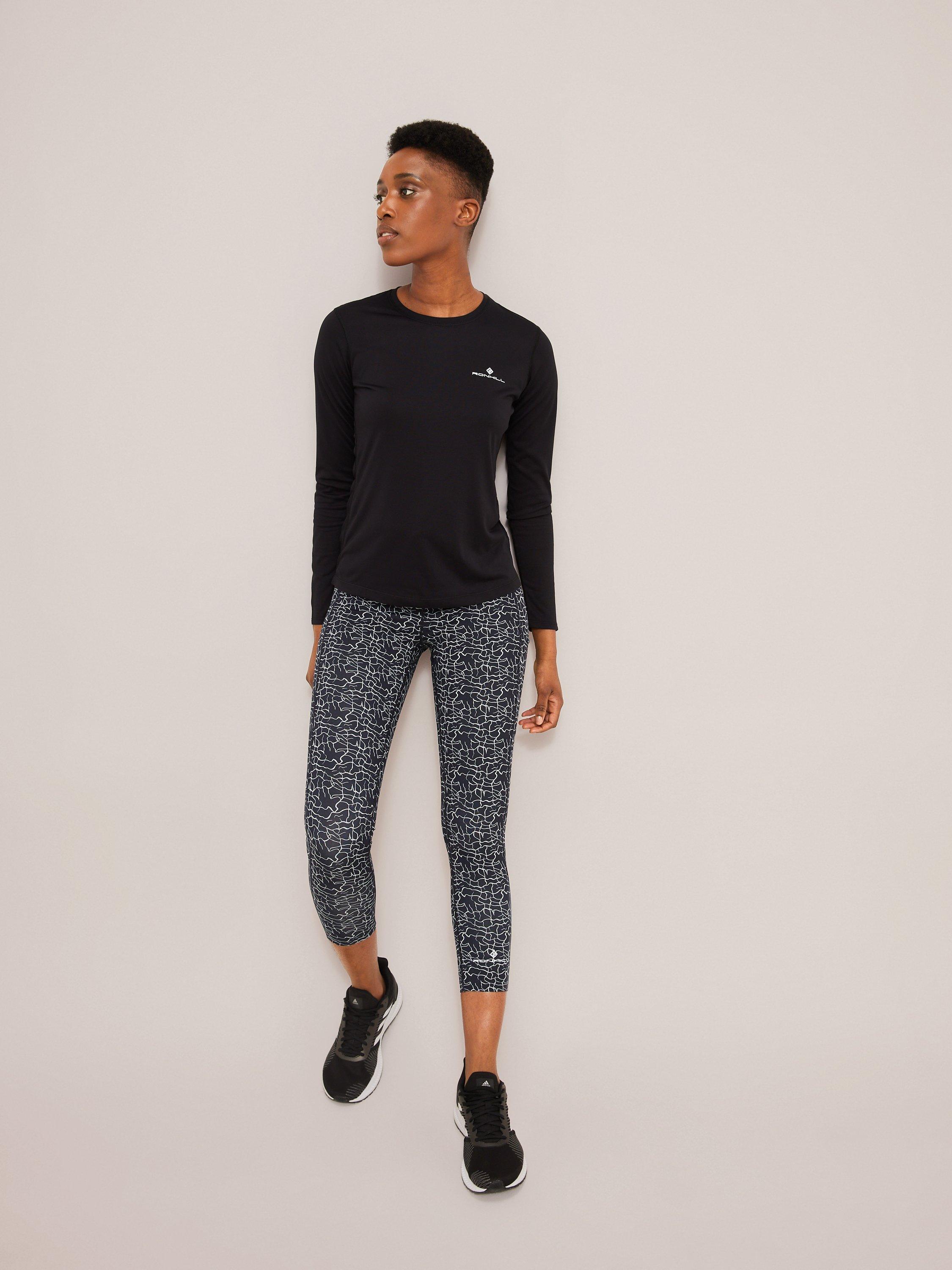 Ronhill Life Cropped Running Leggings, Black/Mono Ripple, 12