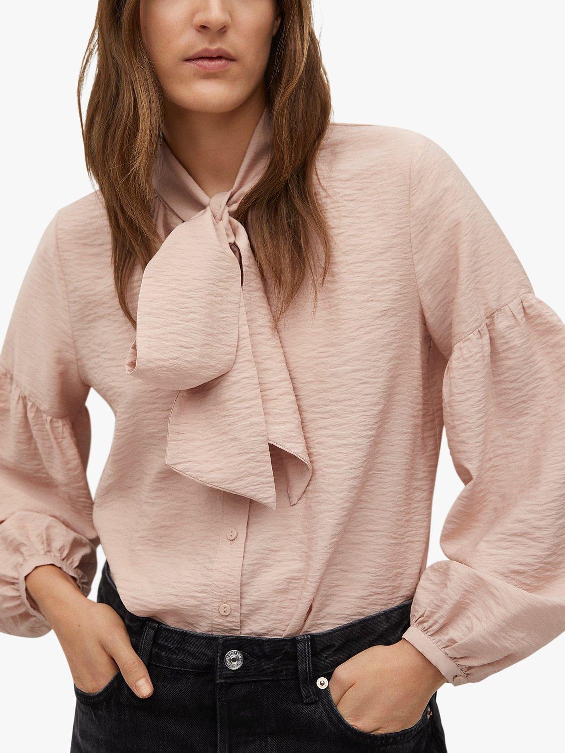 Mango Tie Neck Blouse, Pastel Pink