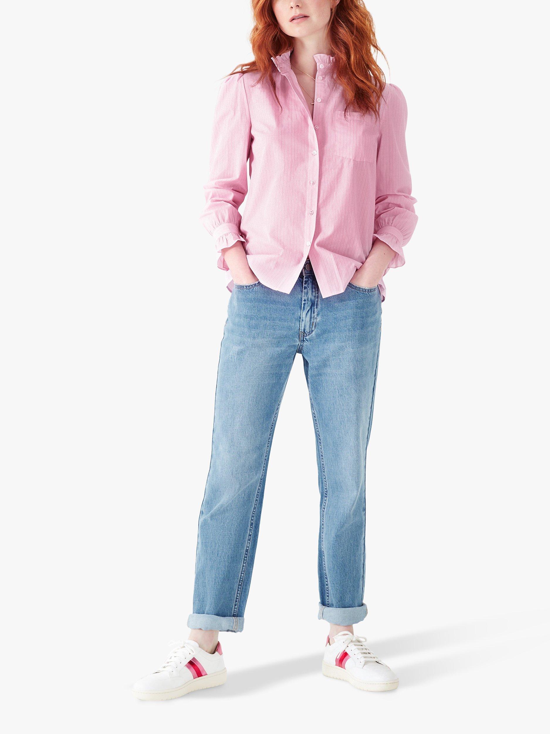 HUSH Florence Stripe Frill Neck Cotton Shirt, Dusty Pink
