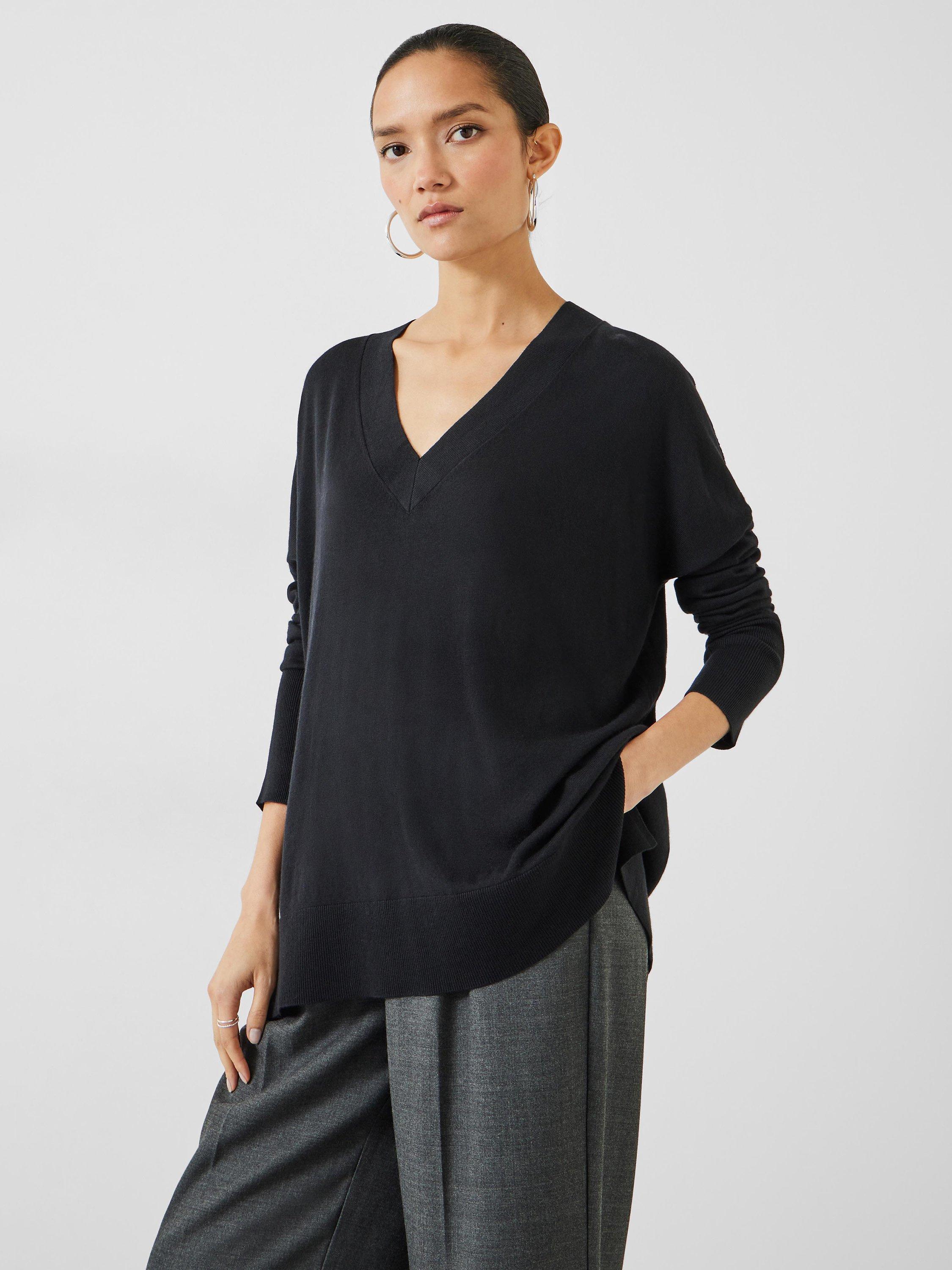 HUSH Bonnie Relaxed Fit Lightweight V-Neck Jumper, Black
