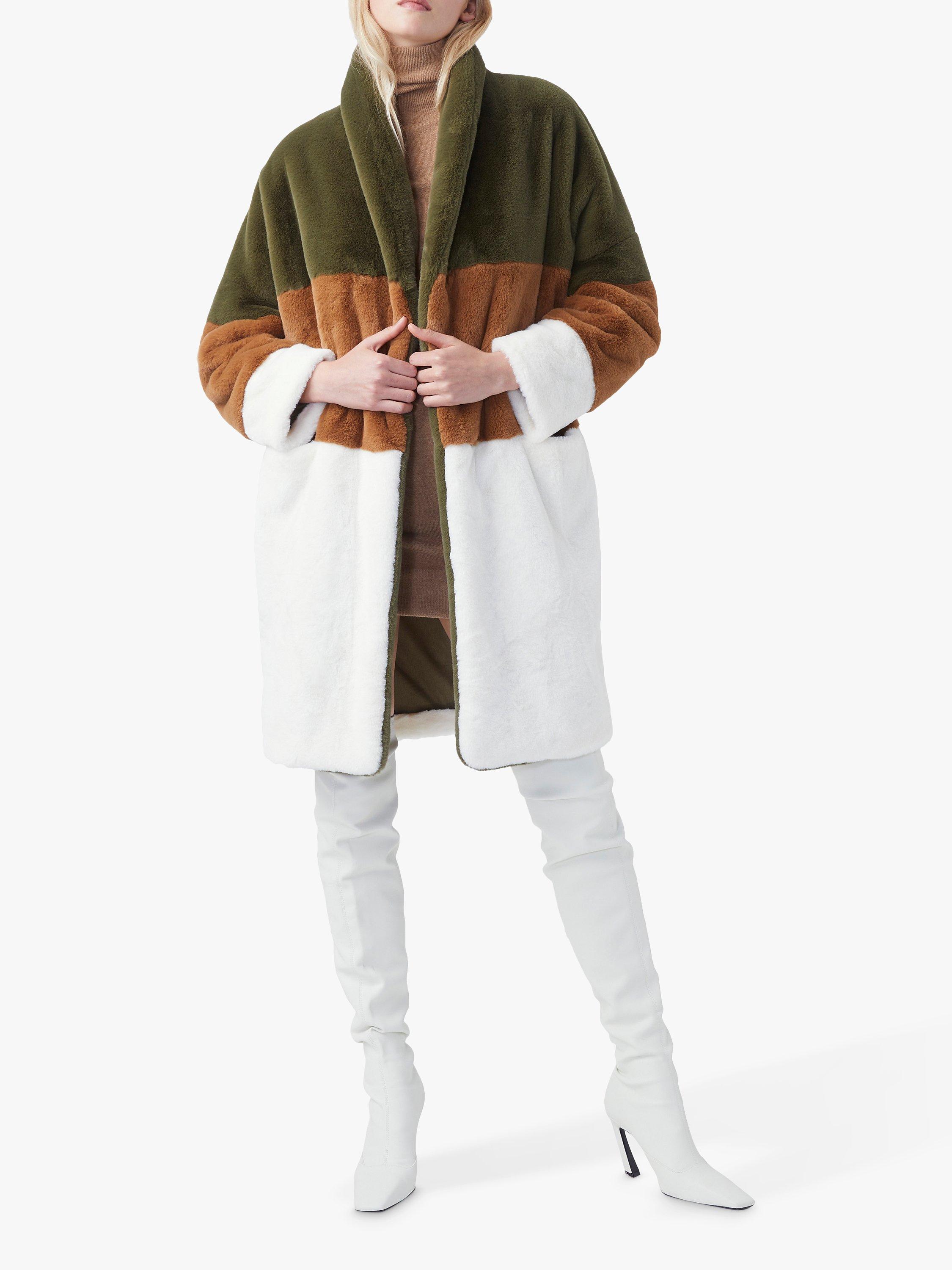 French Connection Izo Faux Fur Coat, Loden Green/Camel/Classic Cream