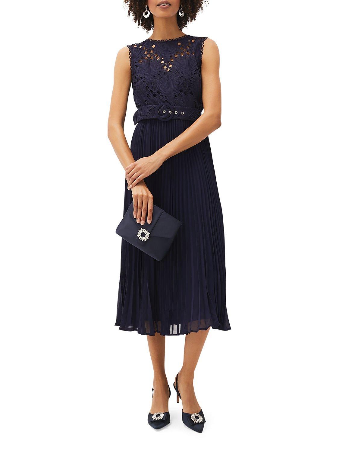 Phase Eight Amora Bodice Pleated Midi Dress, Navy, 10